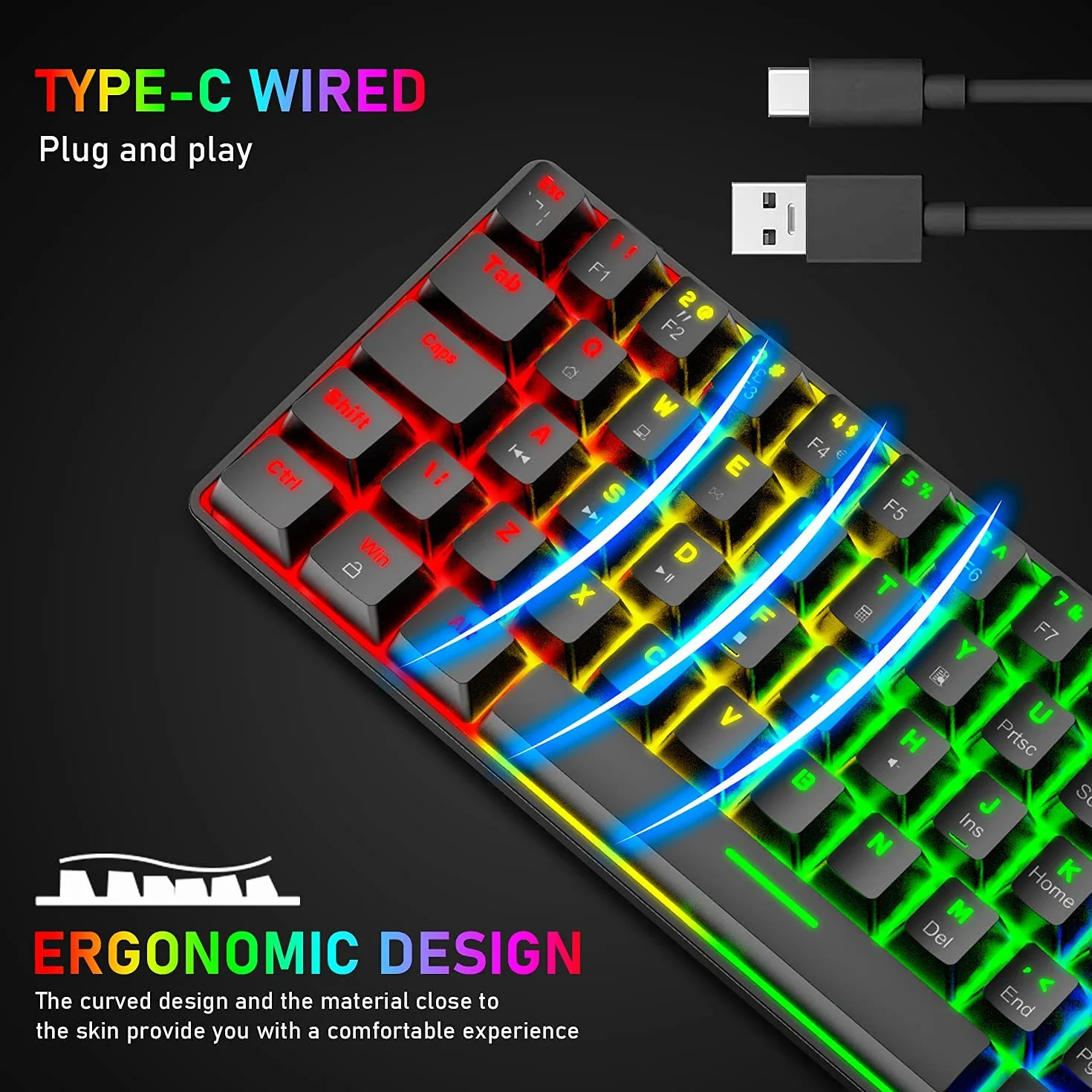 T60 Przewodowa Klawiatura i Mysz do Gier, Mini 60% kompaktowa Klawiatura Mechaniczna z 62 Keys, 19 Tęczowe światło LED, UK Layout + Mysz do Gier PS4 6400 DPI + Podkładka pod mysz - Red Switch/Czarny