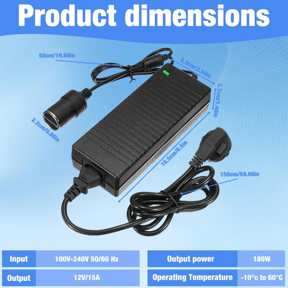 Przetwornica napięcia 220 V na 12 V, adapter sieciowy 12 V 15 A, adapter do gniazda zapalniczki samochodowej, nadaje się do sprężarek powietrza, przenośnych lodówek, wentylatorów samochodowych