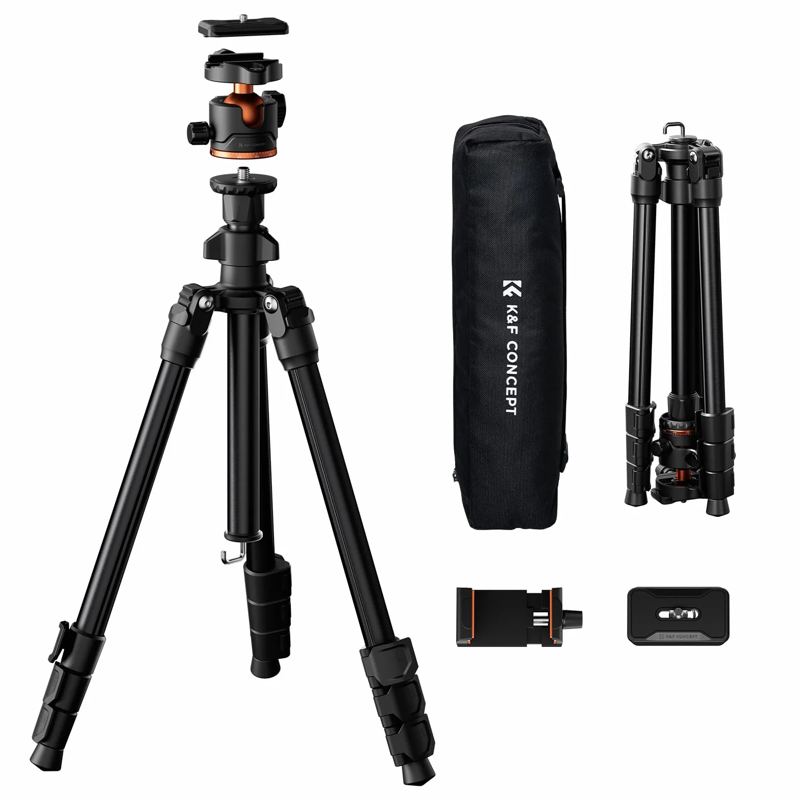 Statyw do aparatu, K&F Concept telefon komórkowy, 178 cm statyw z uchwytem na telefon komórkowy, tripod do podróży, statyw do smartfona, aluminiowy statyw podróżny K234A3+BH-36