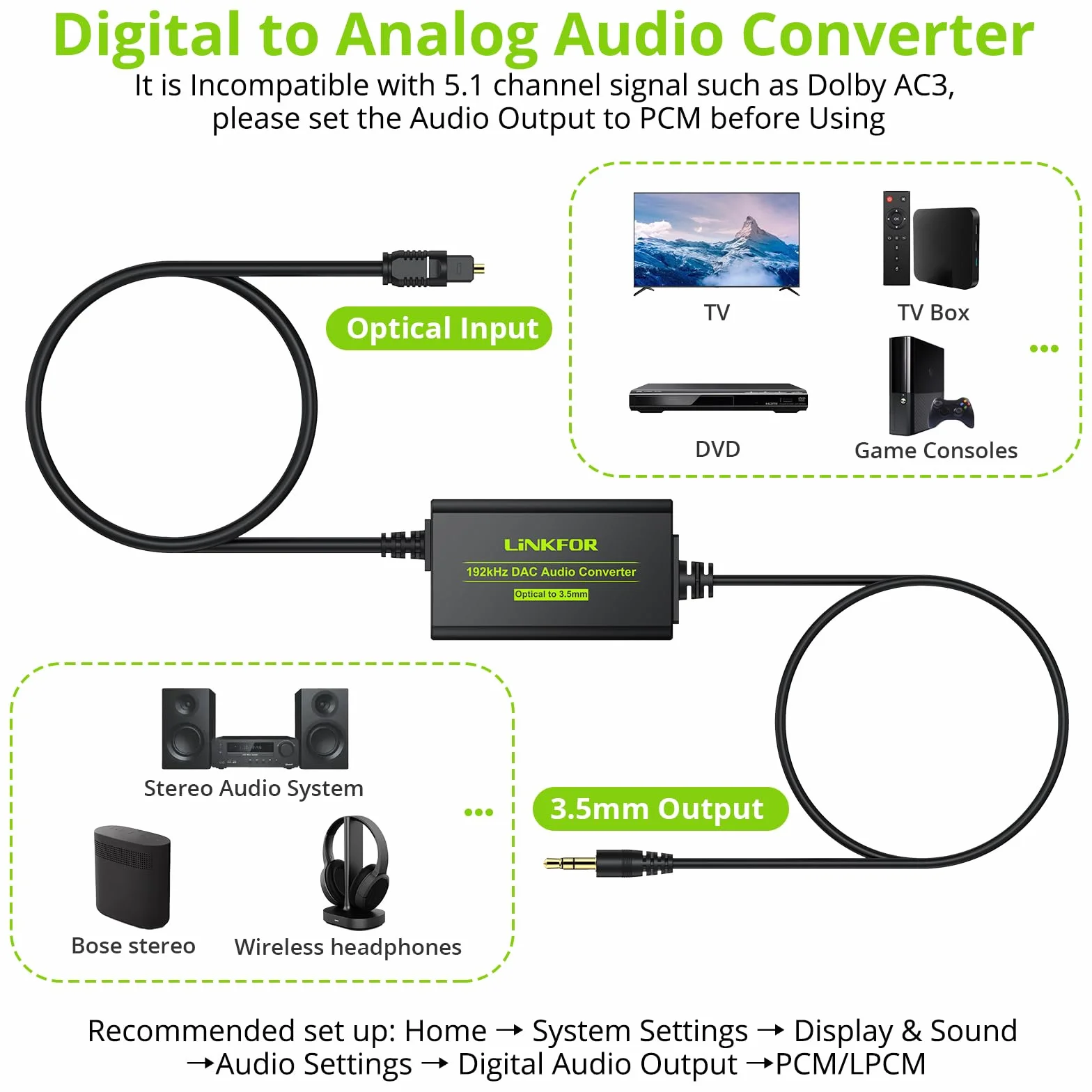 LiNKFOR Konwerter SPDIF do 3,5 mm,Przetwornik cyfrowo-analogowy,192KHz DAC SPDIF Toslink do 3,5 mm z 1m optyczny kabel do słuchawek,Wzmacniacz i głośnik