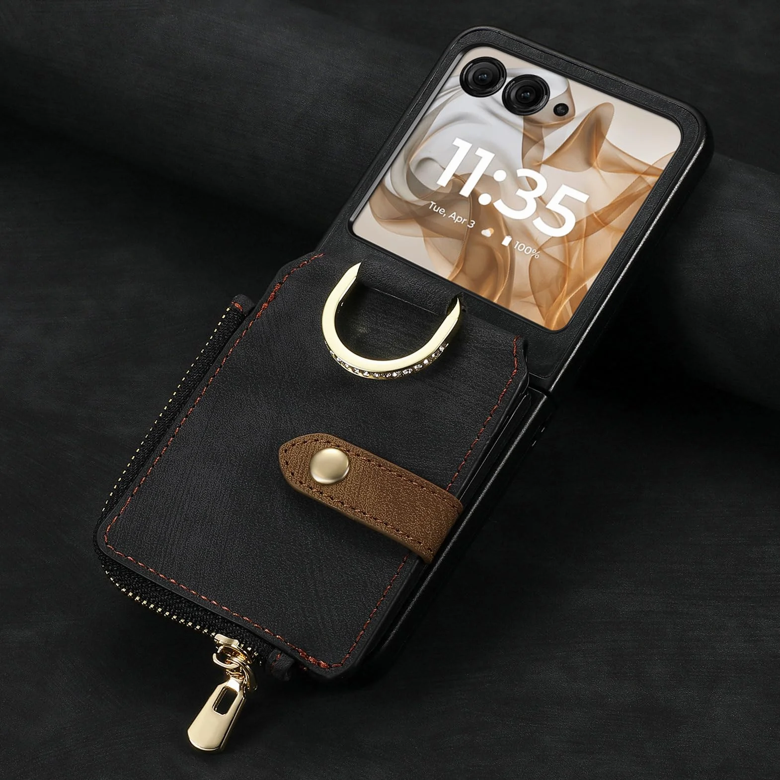 Etui na Motorola Razr 60 Ultra, składany portfel ze skóry PU, pierścień, kieszeń na karty, czarny