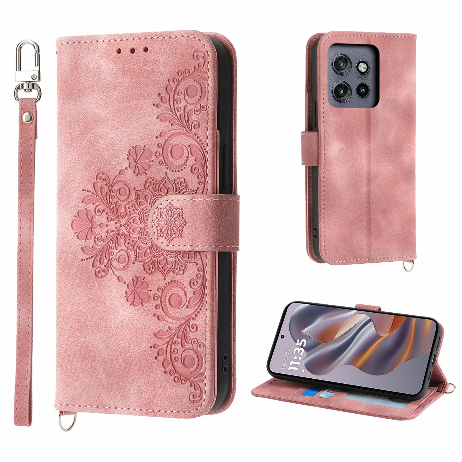 Etui na telefon Auslbin Flower dla Motorola Edge 50 Neo 5G 6.55, 5 miejsc na karty w stylu vintage ze skóry PU dla Motorola Edge 50 Neo, różowy