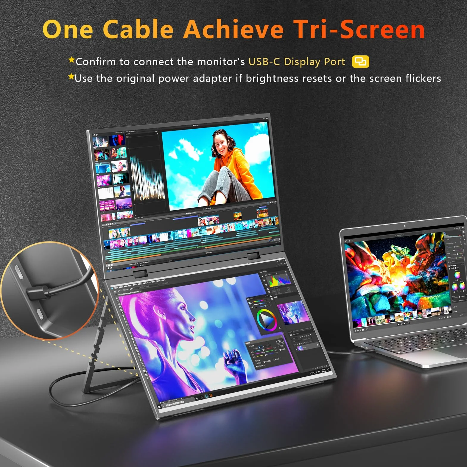 Podwójny przenośny monitor, 15,6-calowy 1080P FHD IPS składany potrójny przedłużacz ekranu laptopa, USB-C Plug & Play, podróżny, rozszerzony wyświetlacz komputera do laptopa, PC, Windows Mac
