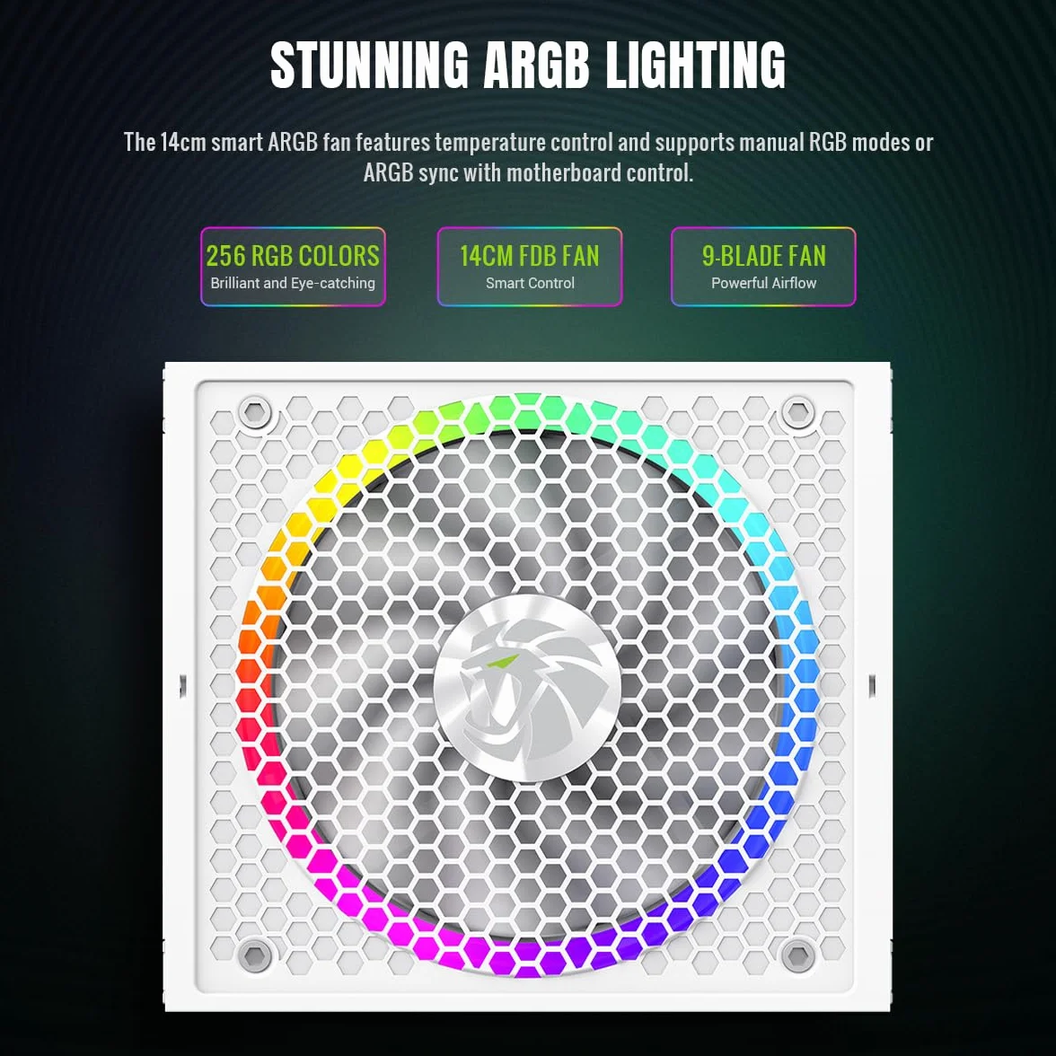GAMEMAX RGB 750G WH Zasilacz PC 750W w pełni modułowy, 80 Plus Gold, LLC + DC-DC, ARGB Sync, japońskie kondensatory, wentylator ARGB FDB 140 mm, 9 zabezpieczeń, 10 lat gwarancji