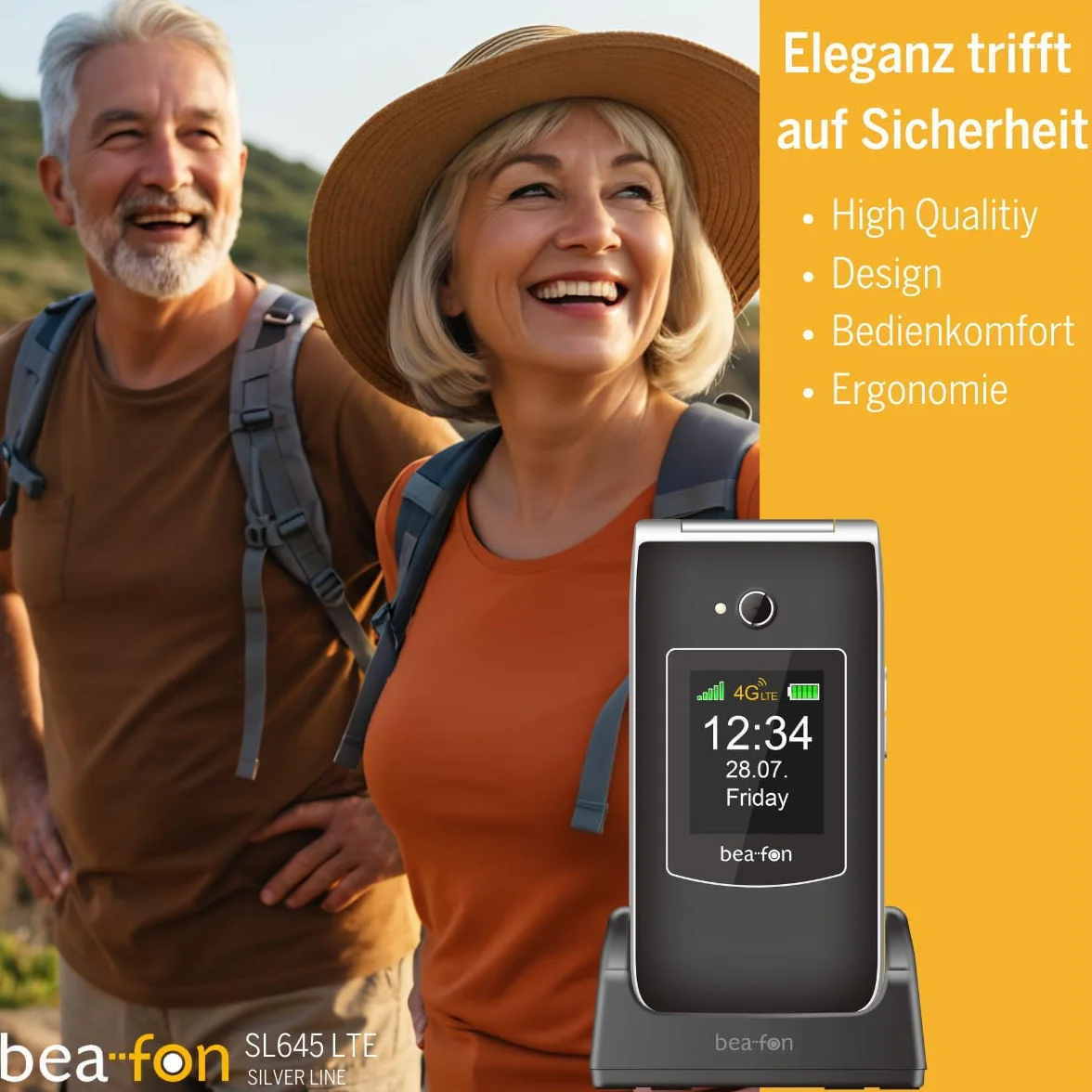 Beafon, SL645, LTE 4G, Silverline, telefon komórkowy dla seniorów, przycisk alarmowy SOS, telefon komórkowy, składany, wewnętrzny wyświetlacz XXL 2,8" (7,11 cm)/ XXL kolorowy wyświetlacz zewnętrzny