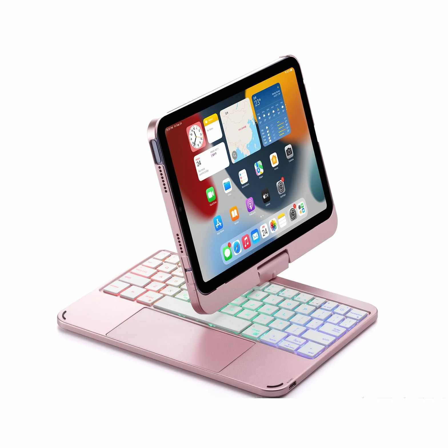 Etui na klawiaturę do iPad mini 7 (2024) i Mini 6 (2021) 8,3", obracane o 360°, 7 kolorów podświetlenia tła z gładzikiem i uchwytem na długopis, różowe