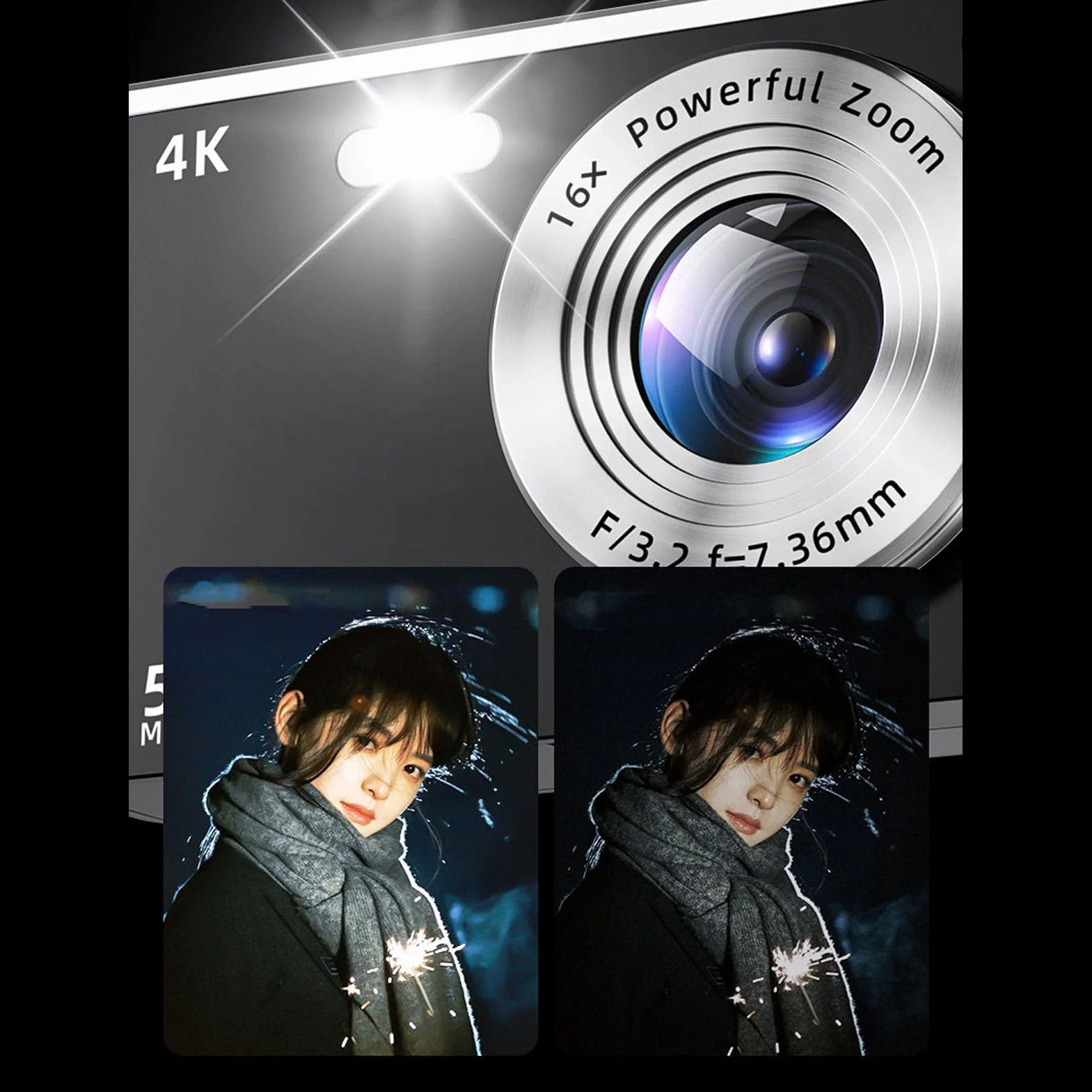 Cyfrowy Aparat Fotograficzny 4K do Fotografii, Aparat do Vlogowania z 16-krotnym Zoomem, Kompaktowa Podróżna Kamera Wideo 50 MP z Autofokusem i światłem Wypełniającym, dla (BLACK)