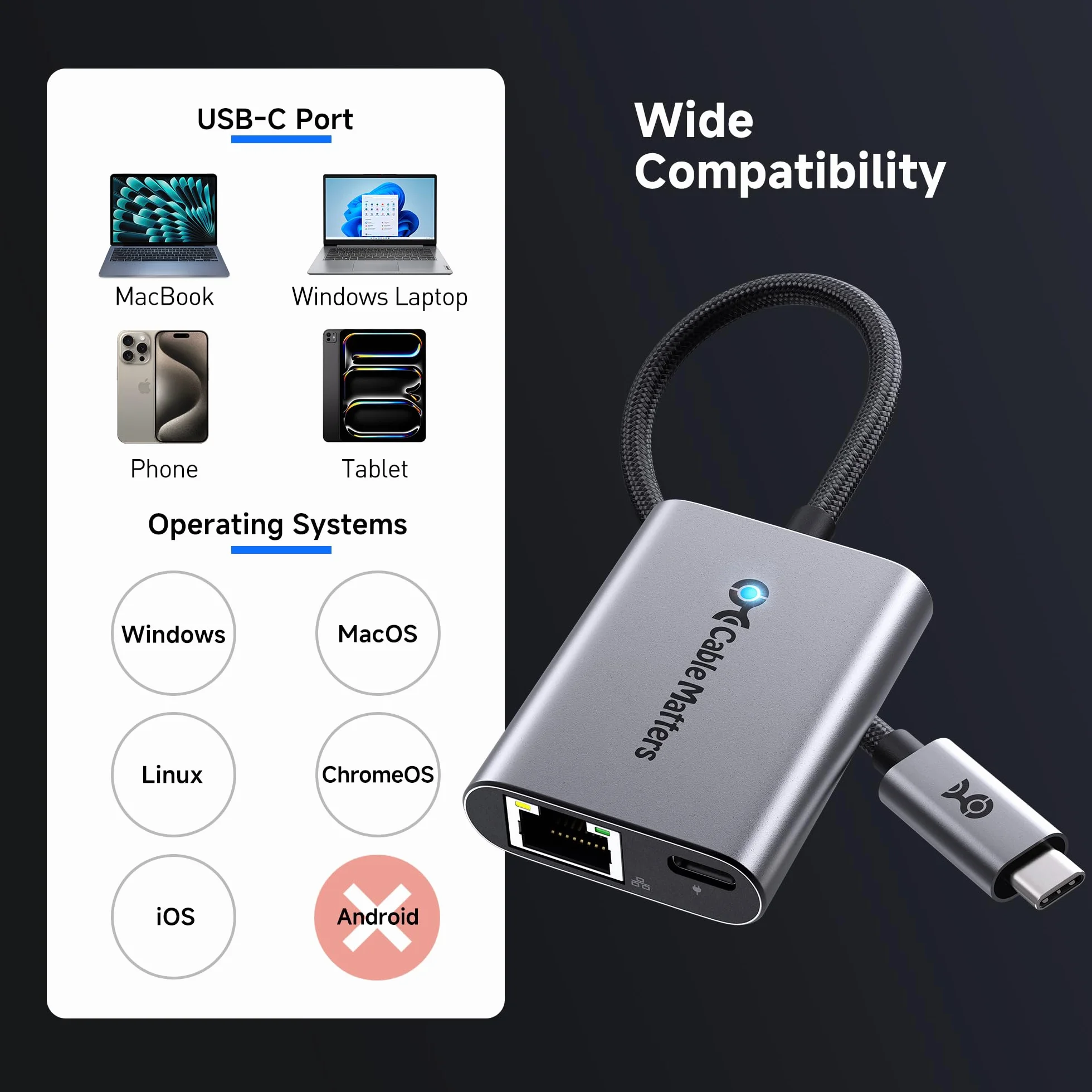 Cable Matters Adapter USB-C do Ethernet 2,5 Gb z Ładowaniem 140 W | 2,5 Gigabit Ethernet, zgodny z USB4, Thunderbolt 5/4, MacBook i urządzeniami USB-C