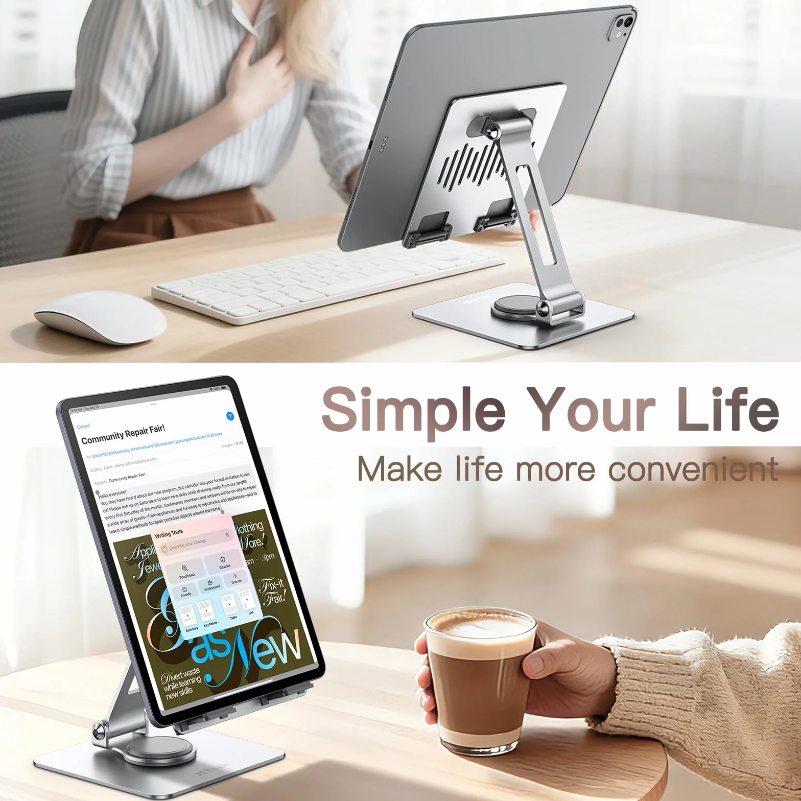 JETech Stojak Tablet, Regulowany Obrotowy Uchwyt na Biurko z Obrotową Podstawą 360 Stopni, Składana Podstawka dla iPad/iPad Air/Pro/Mini, Galaxy Tab A11/A9/S11/S10 FE, Tab/Phones(4-13"), Srebrny