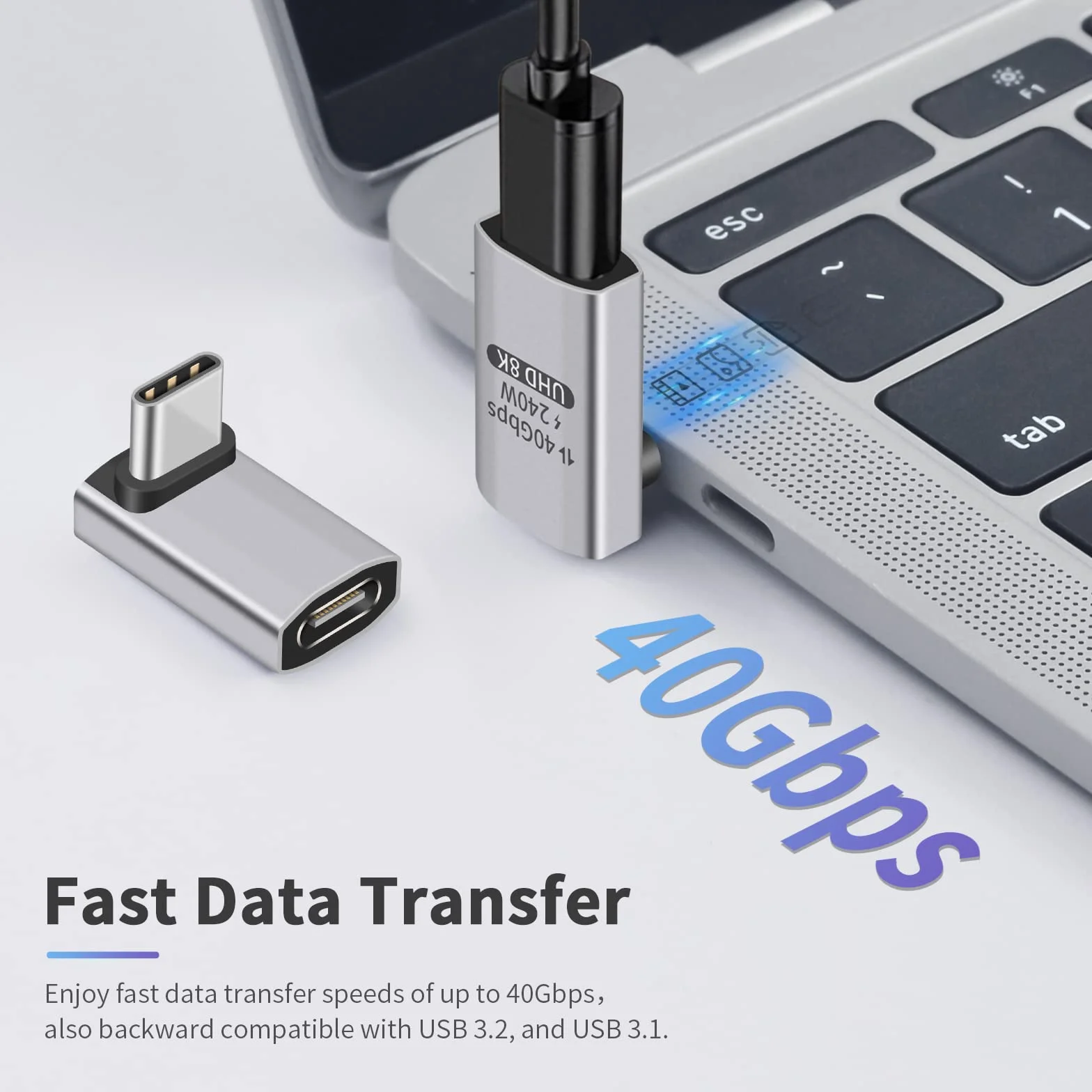 Duttek Adapter USB C 90 stopni (2 sztuki) adapter wtyczka-gniazdo USB C – 40 Gbps transmisja danych, ładowanie 240 W, wideo 8K kompatybilny z Thunderbolt 4/3, Switch, MacBook, tabletami i innymi