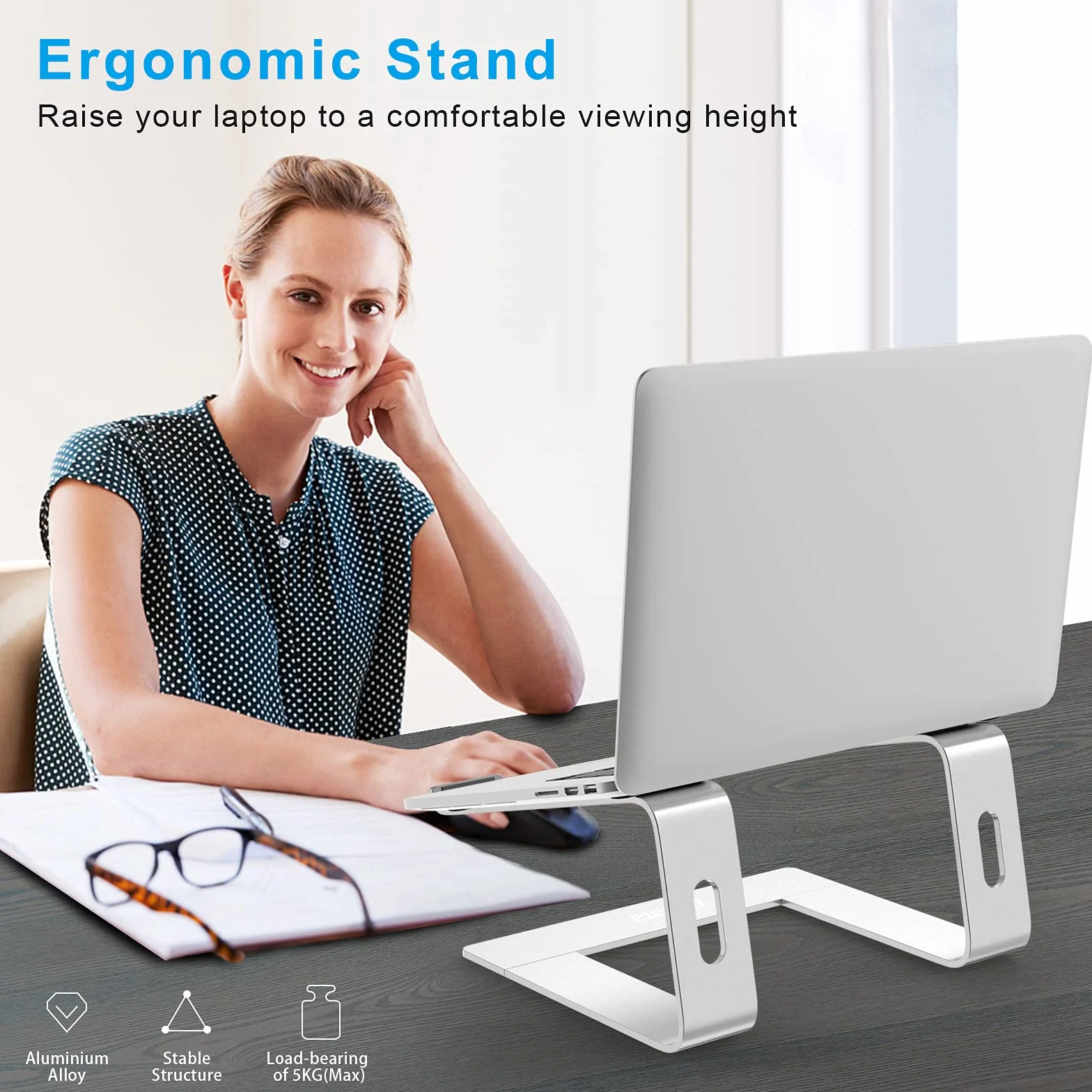 BoYata Stojak na laptopa, aluminiowy przenośny wentylowany uchwyt do laptopa, podstawka do notebooka kompatybilny z komputerami MacBook Pro/Air, Dell, HP, Samsung, Acer 10–14” (Srebro)
