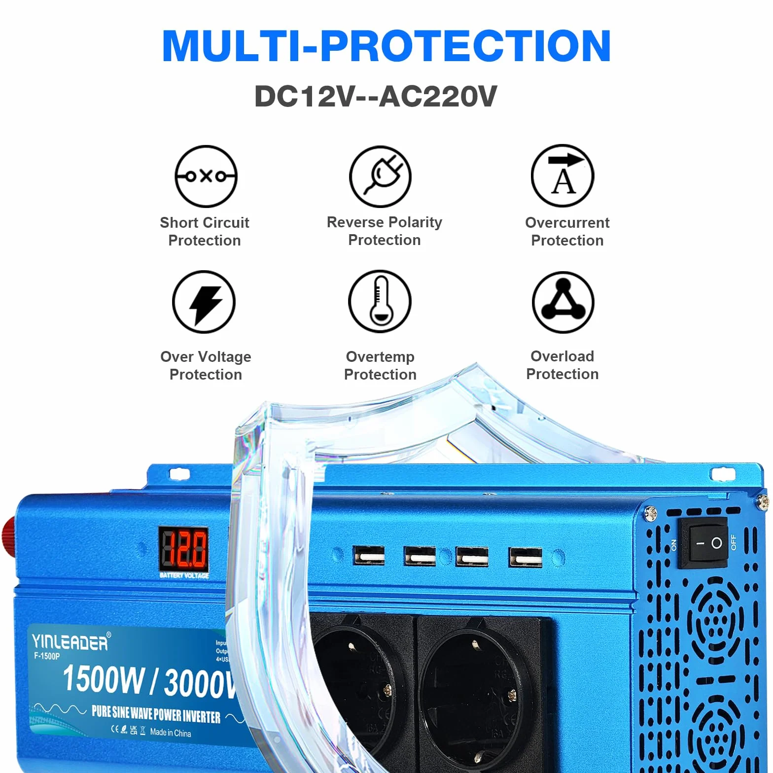 Yinleader Konwerter 12 V, 220 V, czysty sinus, 1500 W, 3000 W, czysta moc Sinus, 2 x gniazdo USB