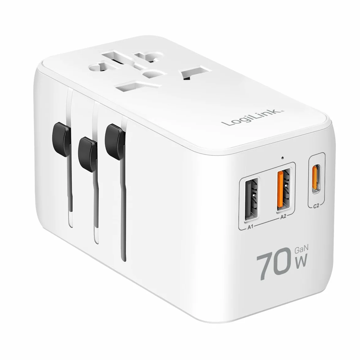 LogiLink PA0357 - uniwersalny zasilacz podróżny z 10 rodzajami wtyczek do >200 krajów, 70 W i PD (PowerDelivery) i QuickCharge, 3 x porty USB, ognioodporny