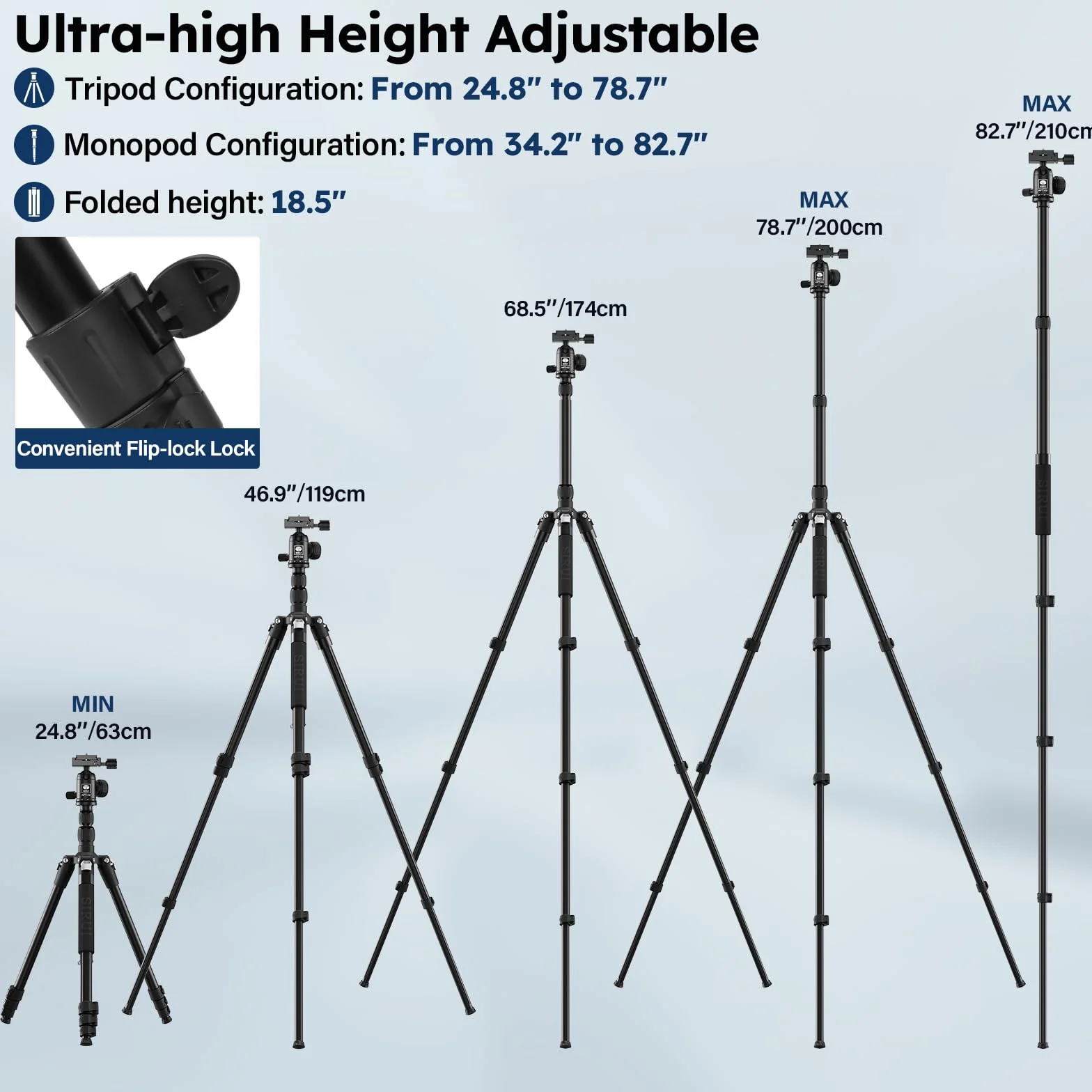 SIRUI APT-02 Statyw i monopod 2 w 1 z głowicą kulową 360°, wysokość 200 cm, nośność 10 kg, do lustrzanek cyfrowych, smartfonów i kamer Actioncam, zawiera uchwyt na telefon komórkowy i torbę