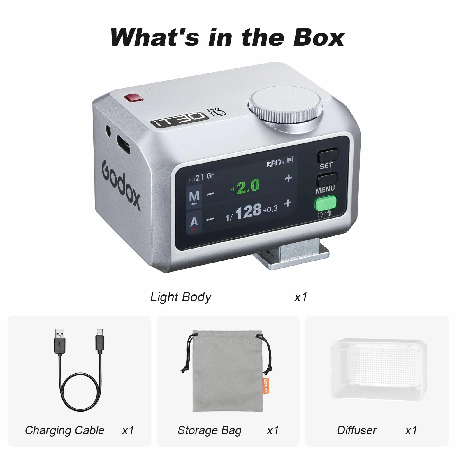 Godox iT30Pro-L iT30Pro L Mini lampa błyskowa do aparatu z białym dyfuzorem kompatybilny z Speedlite560 moc bezprzewodowa 2,4 GHz TTL ekran dotykowy do lustrzanek cyfrowych Leica (srebrny)