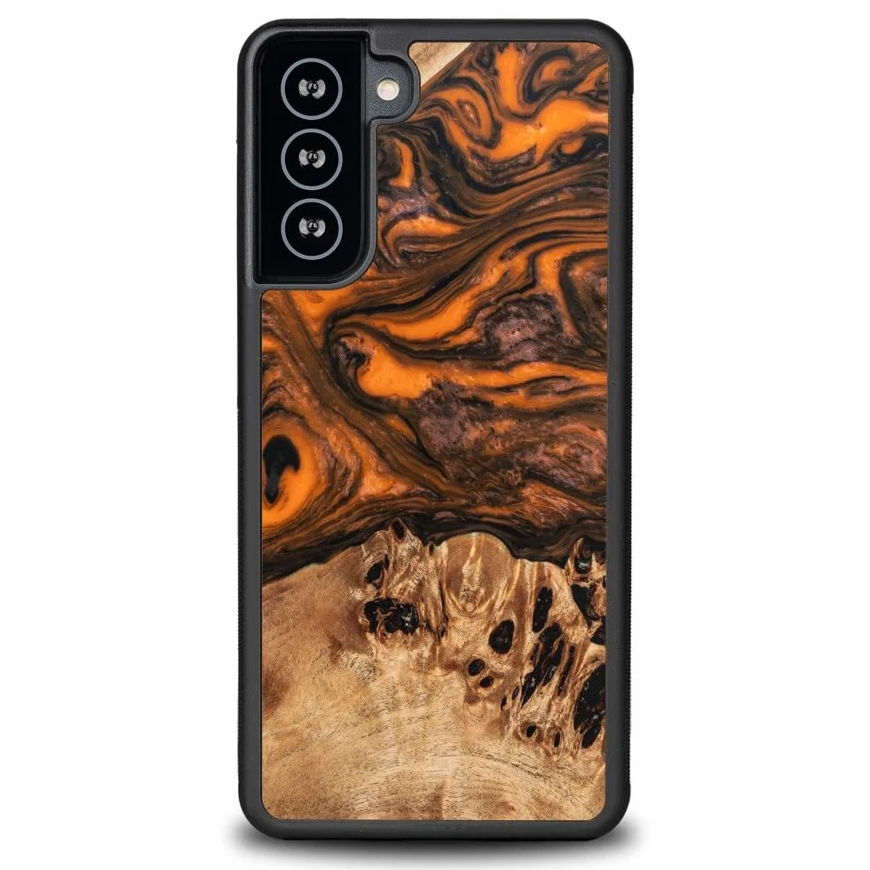 Unikalne etui ochronne z prawdziwego drewna, kompatybilne z Samsung Galaxy S21 FE, naturalne drewno, ręcznie wykonane, odporne na uderzenia, matowe polerowanie, pomarańczowy motyw