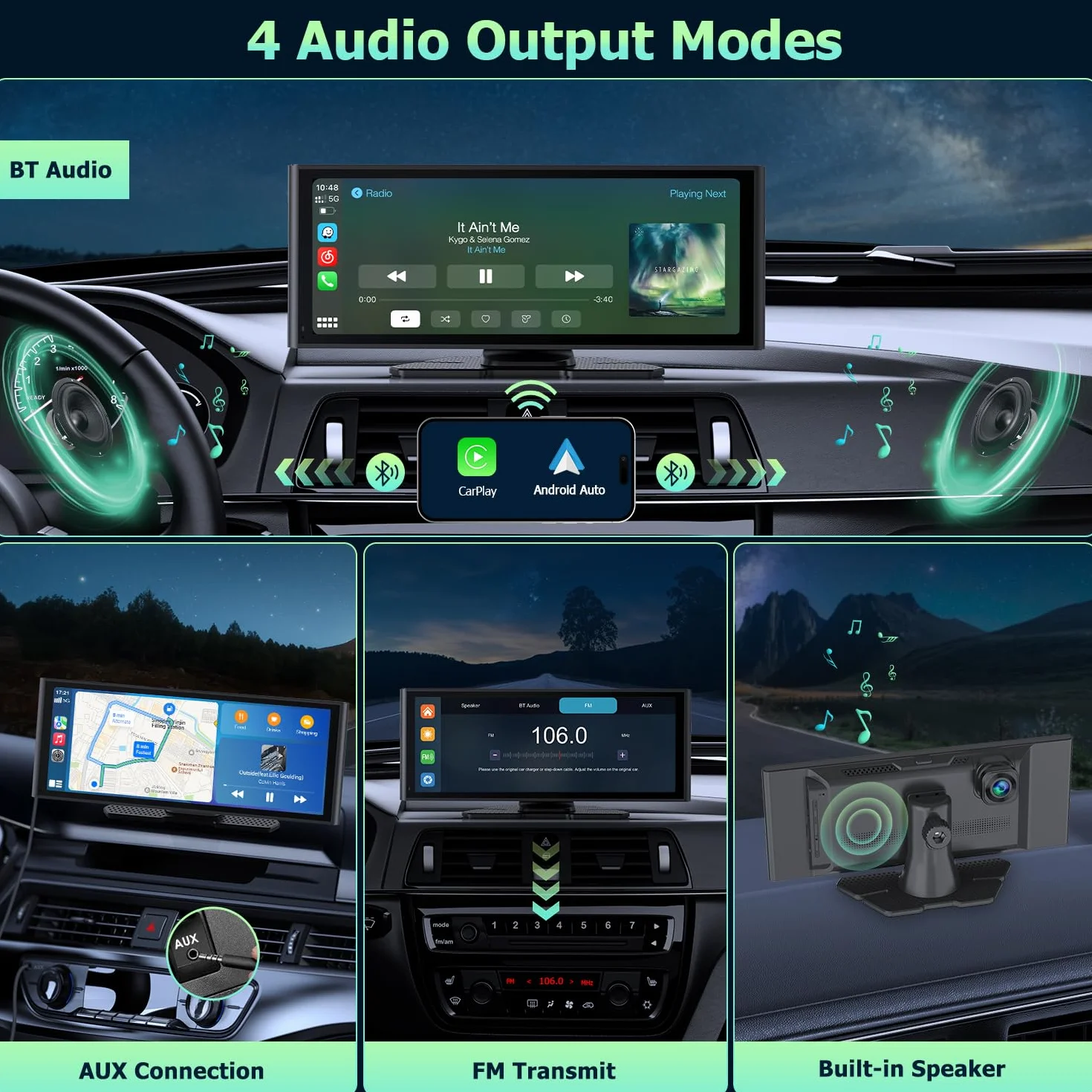 10,26" wyświetlacz CarPlay z kamerą rozdzielczą 4K, Android Auto, kamera cofania 1080p, pamięć 64 GB, Bluetooth