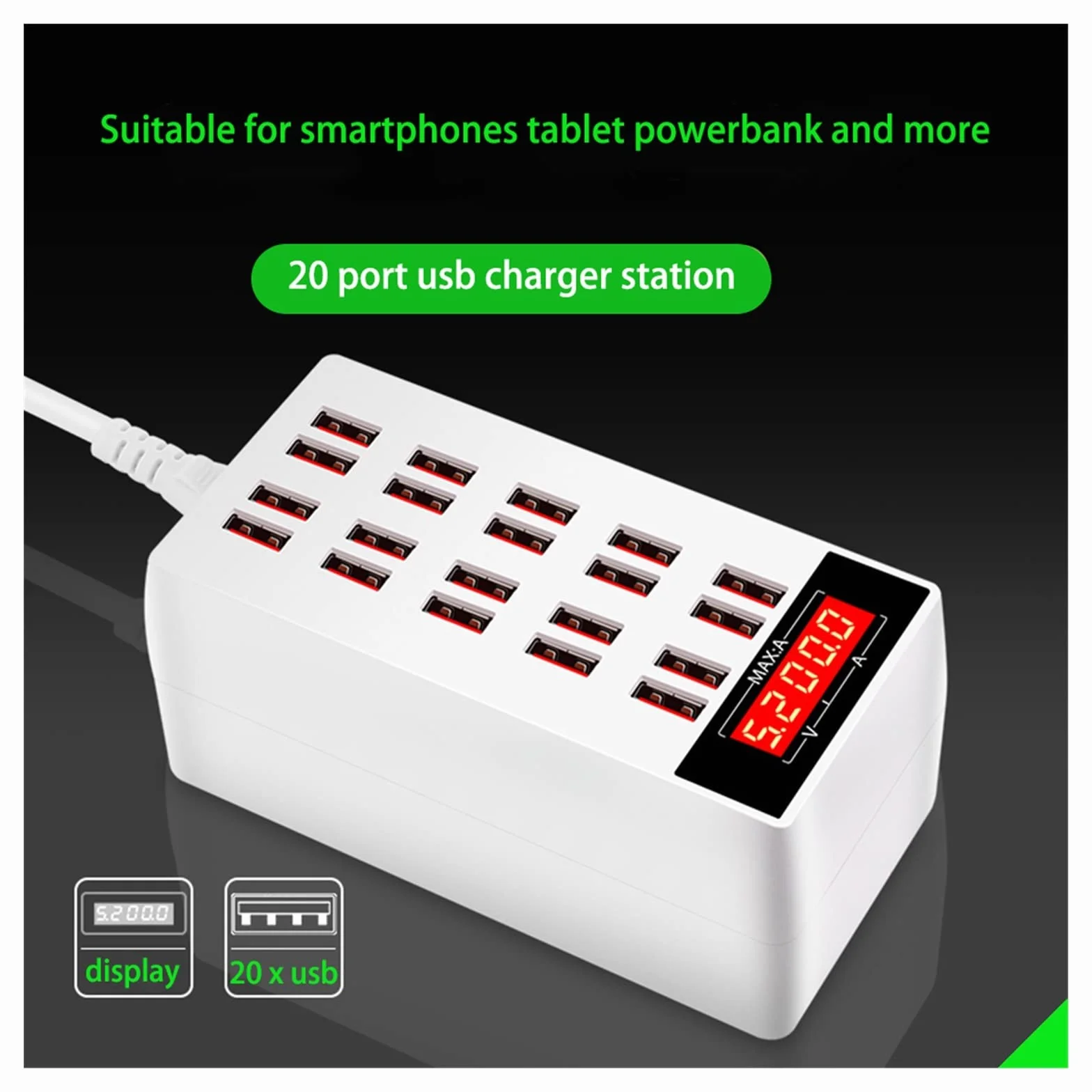 Ładowarka USB Stacja ładująca USB, stacja ładująca do wielu urządzeń Szybkie ładowanie z ekranem LCD Cyfrowy wyświetlacz do tabletów telefonicznych Smartfonów Przenośny(A5 Blue)