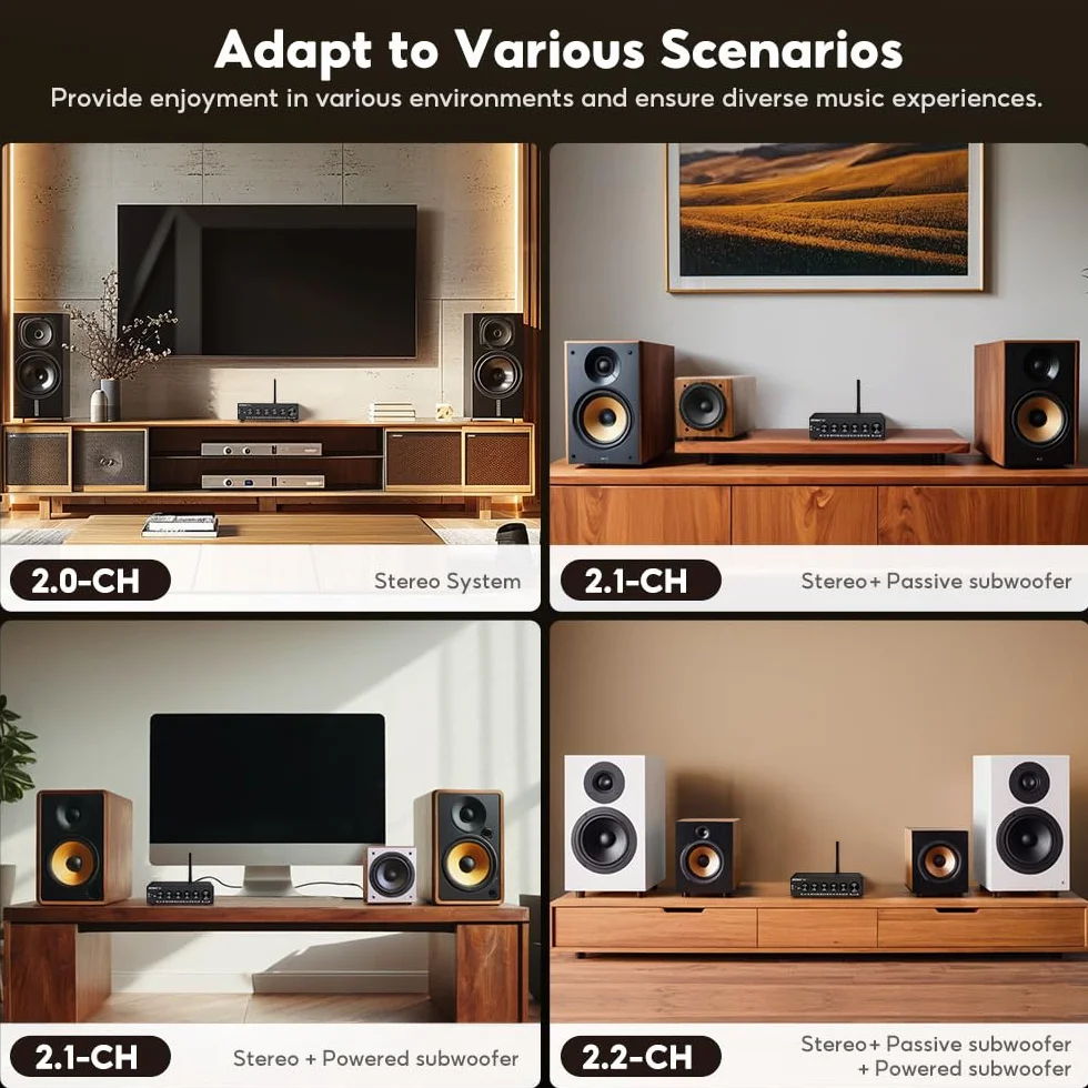 AIYIMA B07 Wzmacniacz Bluetooth 5.2 TPA3255 2.1-kanałowy subwoofer, 300 W x 2 + 300 W, do domu, na biurko, regał na książki, subwoofer z zasilaniem pomocniczym i regulacją wysokości basów