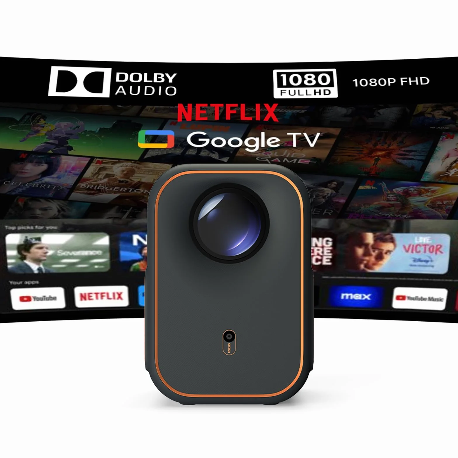 [Global Google TV] Xming Episod 1 Przenośny projektor 1080P natywna rozdzielczość, 300 ANSI lumens wbudowane automatyczne korekcja pionowa
