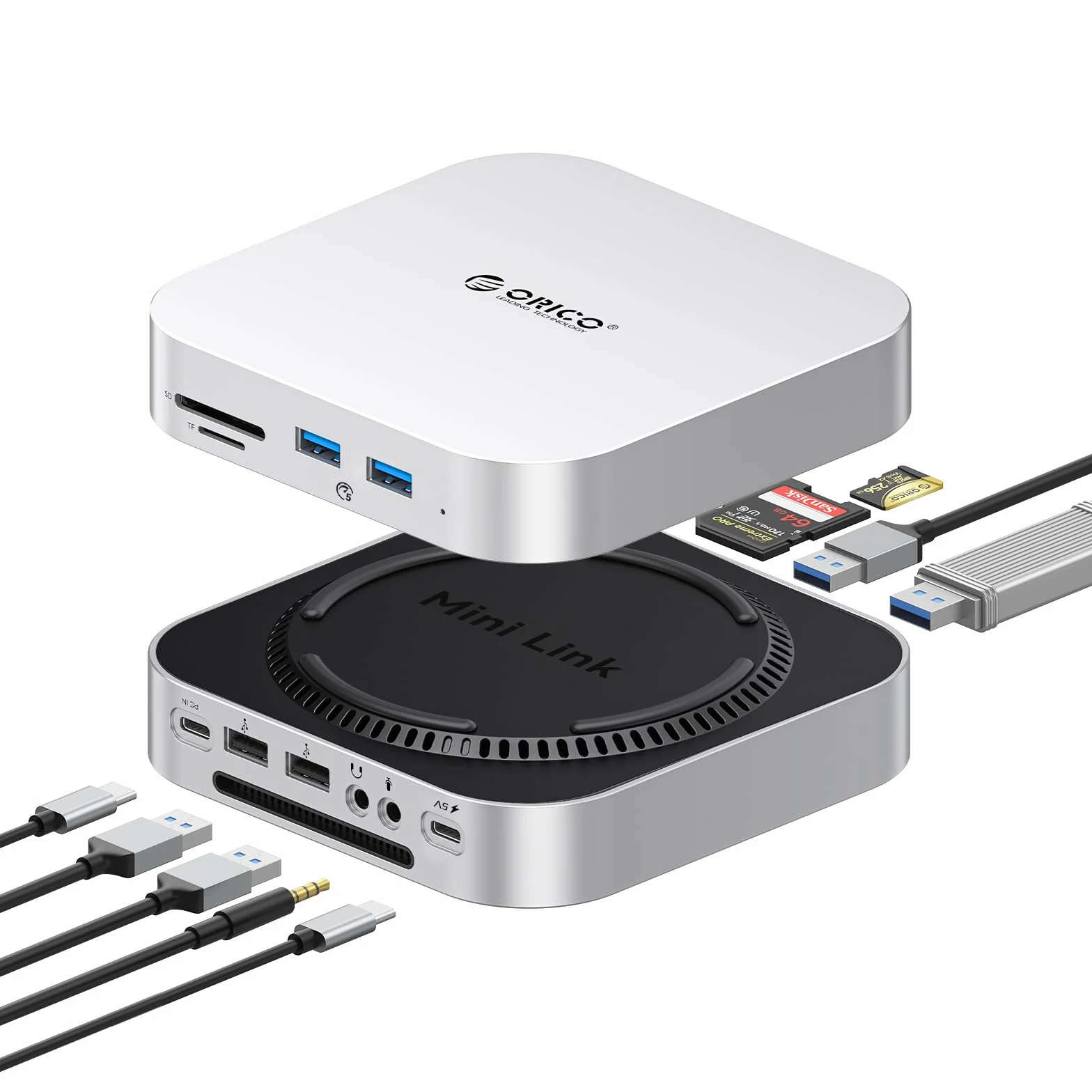 ORICO MiniLink Mac mini M4 Hub, port USB 3.0 5 Gb/s, czytnik kart SD 3.0/TF 3.0, gniazdo słuchawkowe 3,5 mm i gniazdo mikrofonowe (M48P)