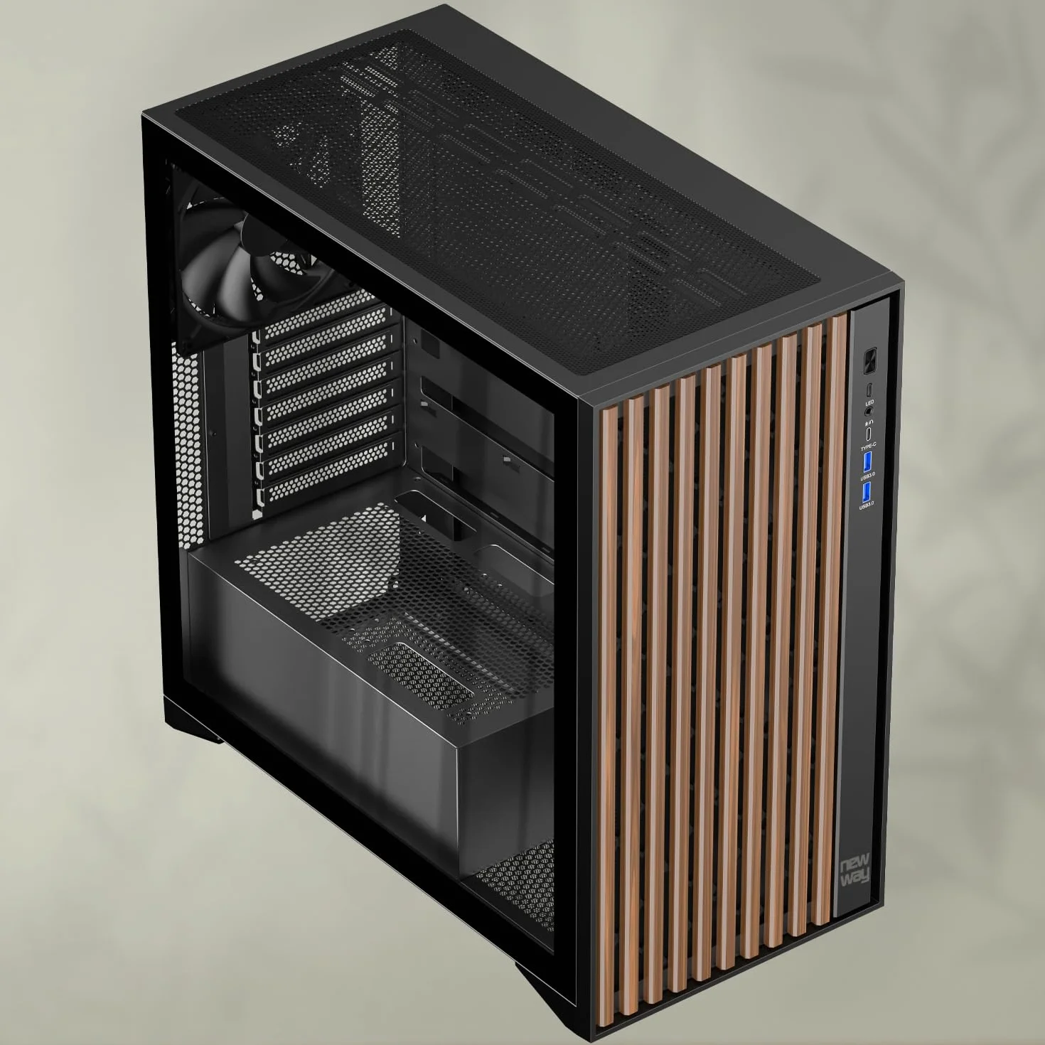 NEWWAY - 2024 Nowość - Obudowa komputera NW1 drewniana przednia - Medium Tour Kompatybilny z ATX/Micro-ATX/ITX - Typ C USB - Wentylatory w zestawie 3x140MM - Panel boczny Szkło hartowane