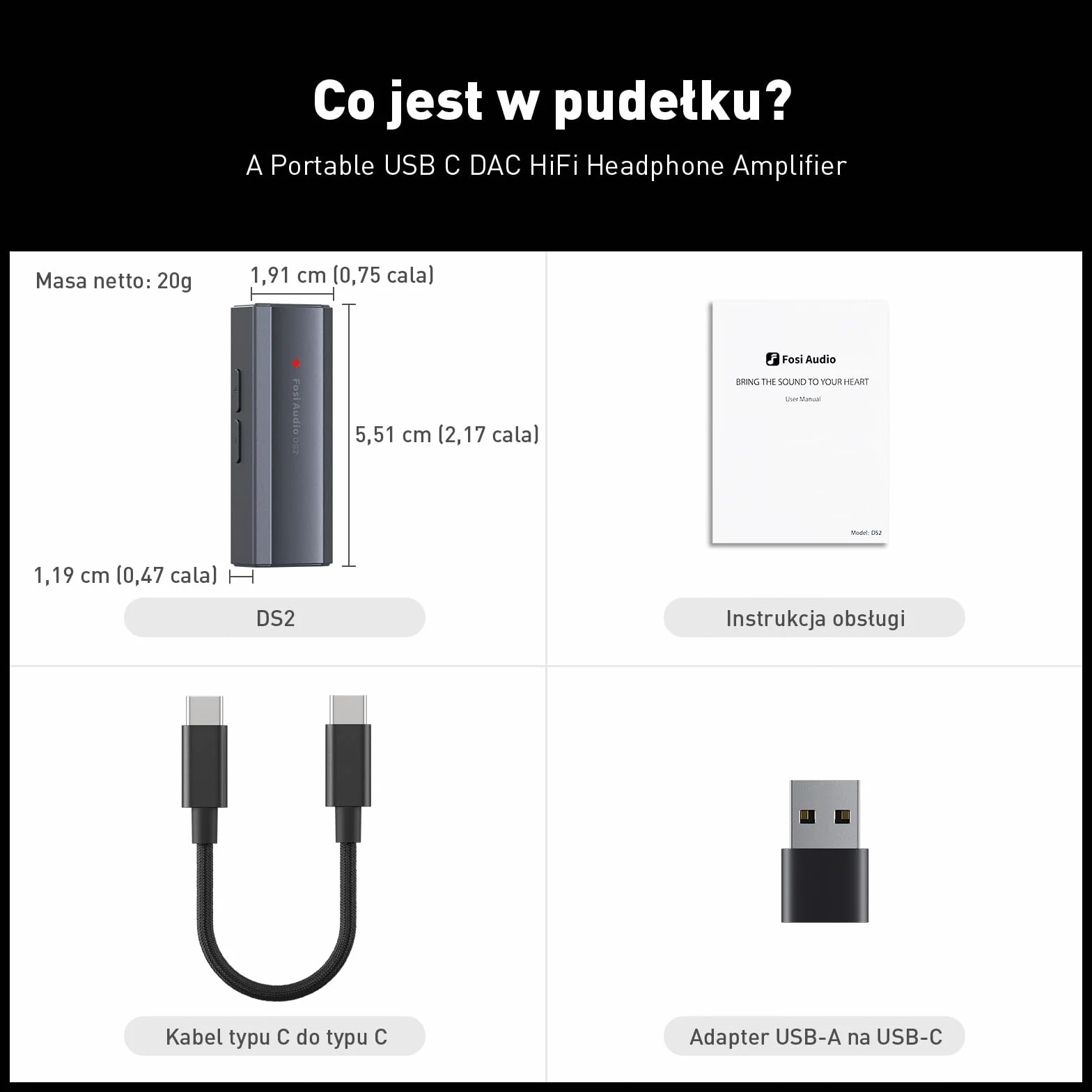 Fosi Audio DS2 USB C do AUX Wzmacniacz słuchawkowy DAC Dongle 3,5 mm Jack Adapter audio Przenośny wzmacniacz z podwójnym wyjściem DSD256 4,4 mm Zbalansowany układ CS43131 o wysokiej rozdzielczości