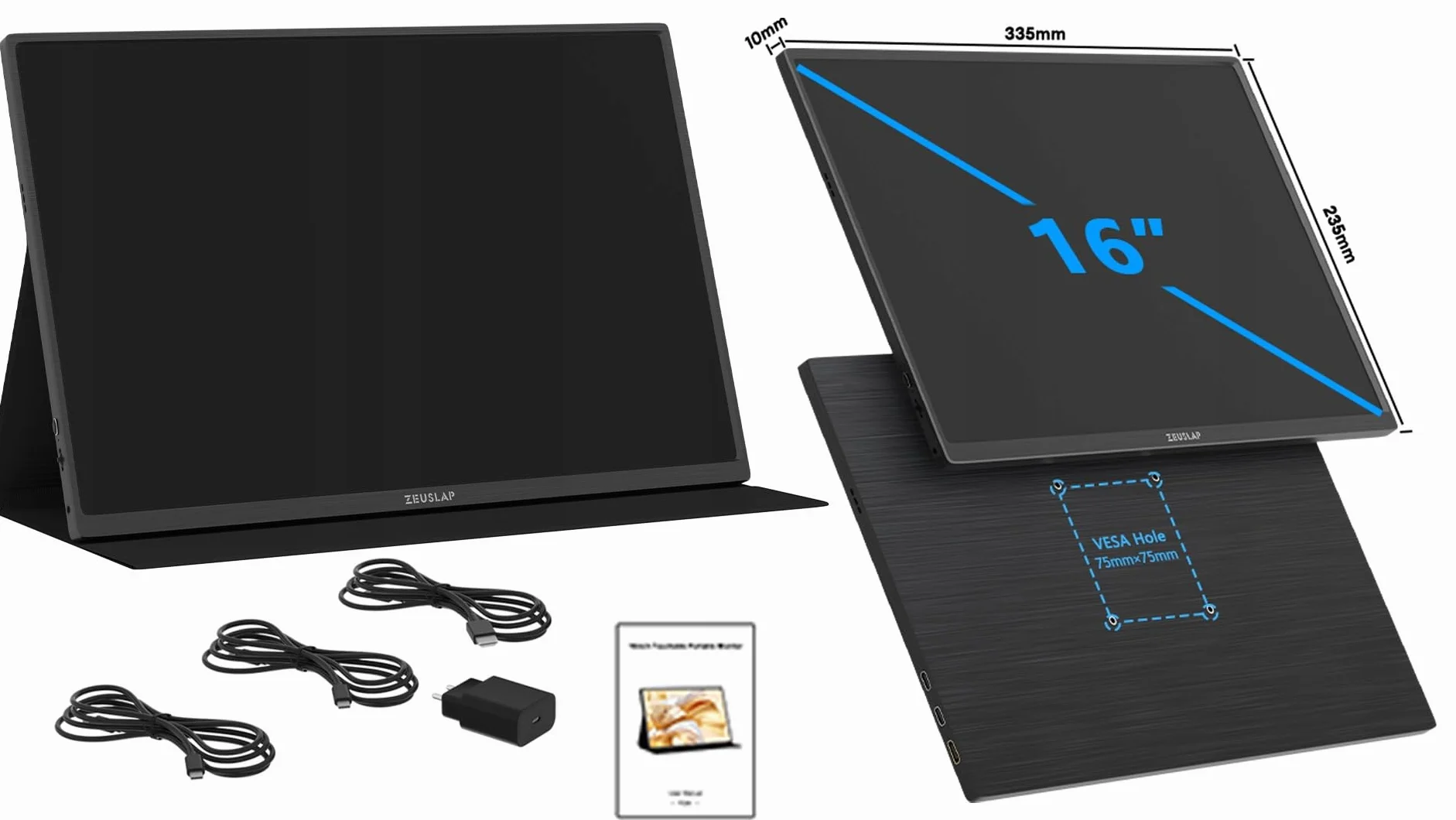ZEUSLAP P25K Monitor Przenośny 16” 2.5K 2560x1600 IPS USB-C Mini HDMI 16:10 HDR Dodatkowy Ekran do Laptopa Smartfona Konsoli PS5 Xbox Nintendo Switch Etui Magnetyczne