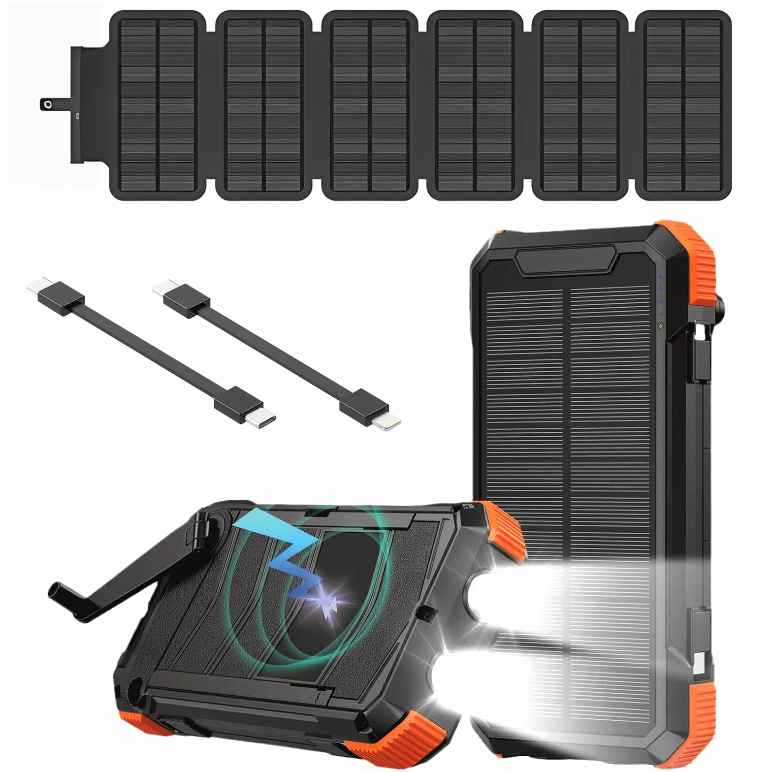 Solar Power Bank 20000mAh, przenośna ładowarka solarna, 5V/3A USB-C Fast Charge, 5W wireless, panel słoneczny 2W + korba ręczna, powerbank survival outdoor camping, LED SOS, USB-A/USB-C