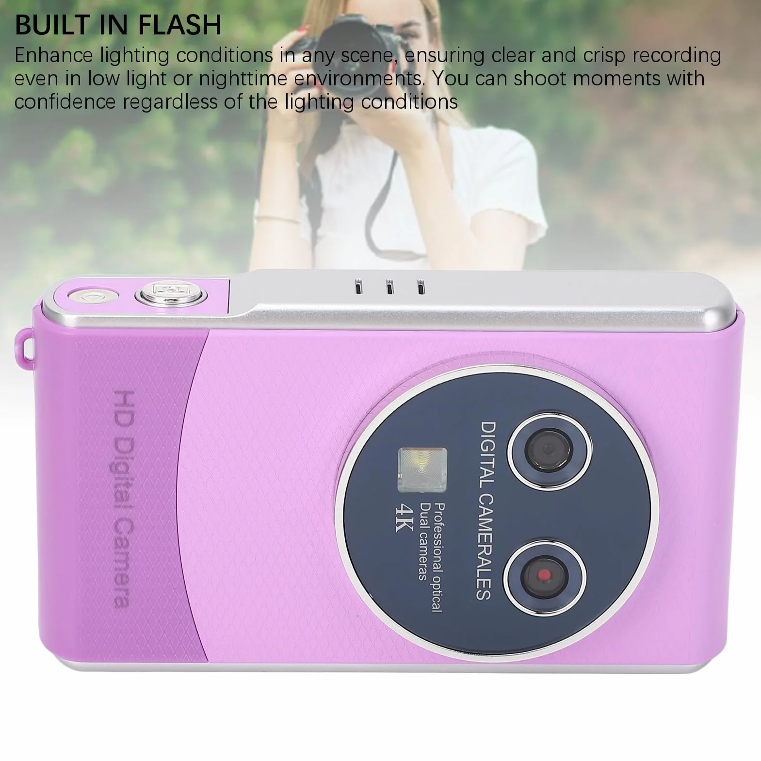 Cyfrowy Aparat Fotograficzny, Aparat do Vlogowania HD 36 MP i Rozdzielczości 1080 P z Podwójnym Aparatem, Kompaktowe Aparaty z automatyczną regulacją Ostrości i 3-calowymi (PURPLE)