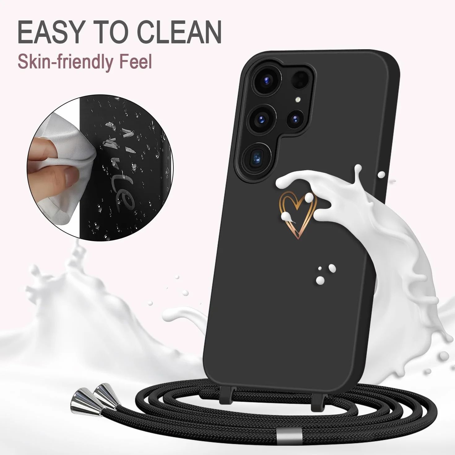 Pasek na telefon komórkowy Samsung Galaxy S24 Ultra, etui z paskiem, złote serce, cienkie, odporne na uderzenia etui ochronne, ze zdejmowanym sznurkiem do zawieszenia, płynne etui na telefon