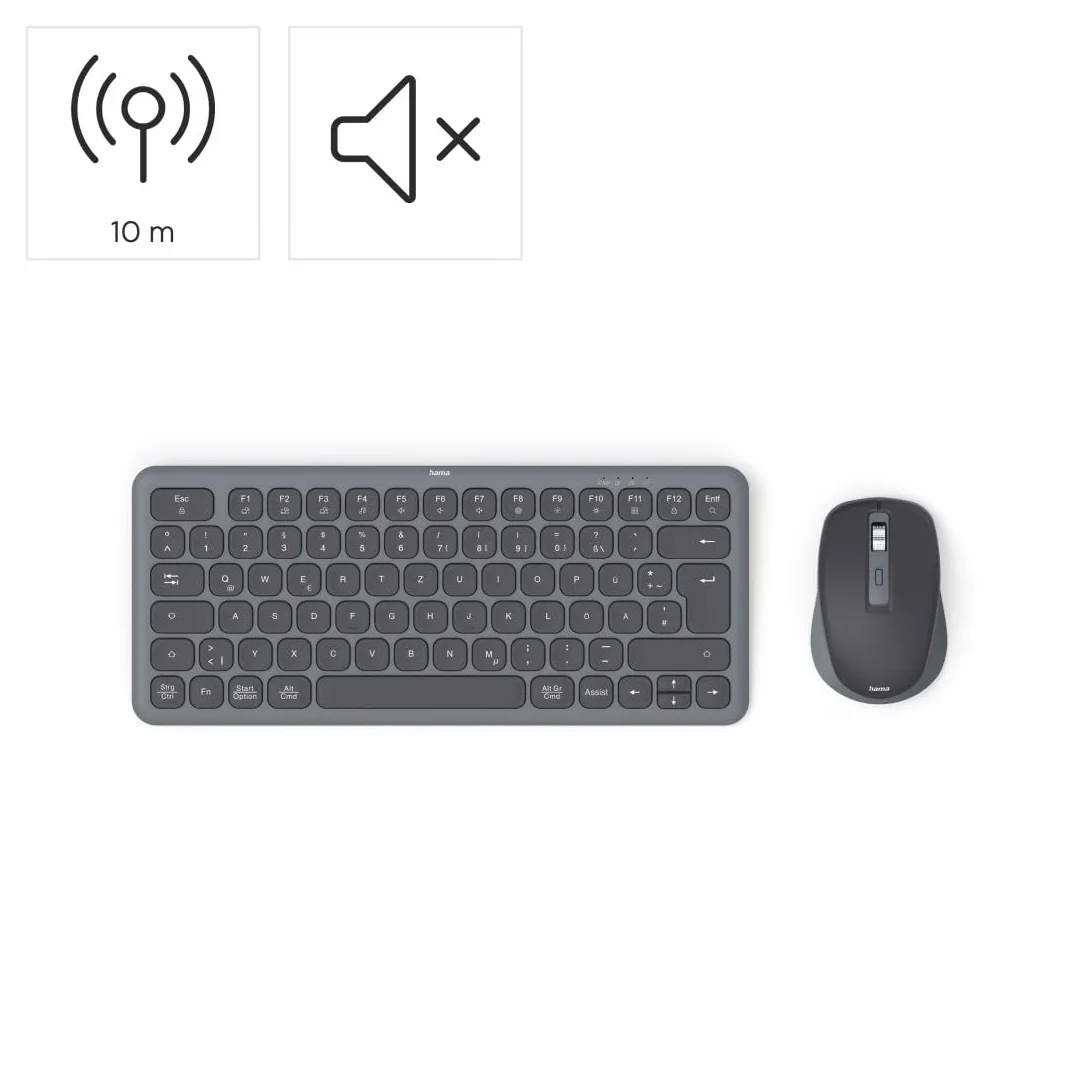 Hama Zestaw bezprzewodowej klawiatury i myszy (klawiatura wielofunkcyjna i mysz z Bluetooth/radiem, do komputera, smartfona, tabletu, mały, z bateriami, ciche klawisze scissort, klawisze
