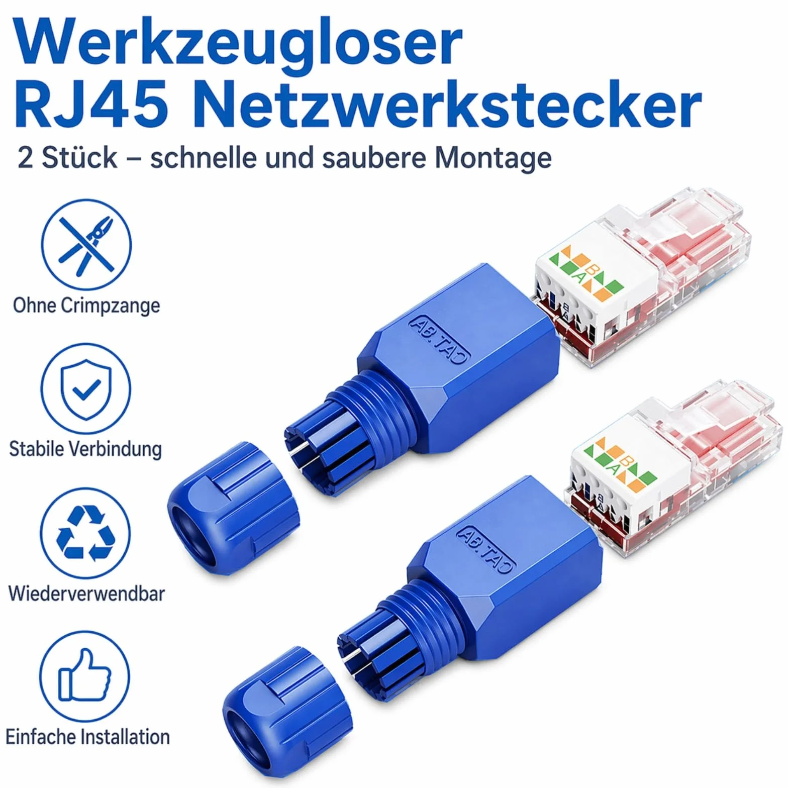 Powice Cat7 RJ45 wtyczka beznarzędziowa, niebieska, 2 sztuki