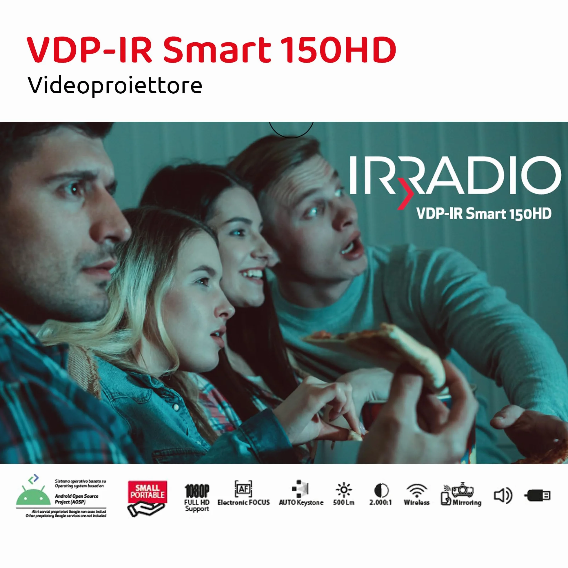 IRRADIO Inteligentny projektor 150 ANSI lumenów, przenośny mini projektor HD Native 720p z systemem Android 13 i Auto Focus, dostęp do aplikacji Streaming, dwuzakresowe WiFi