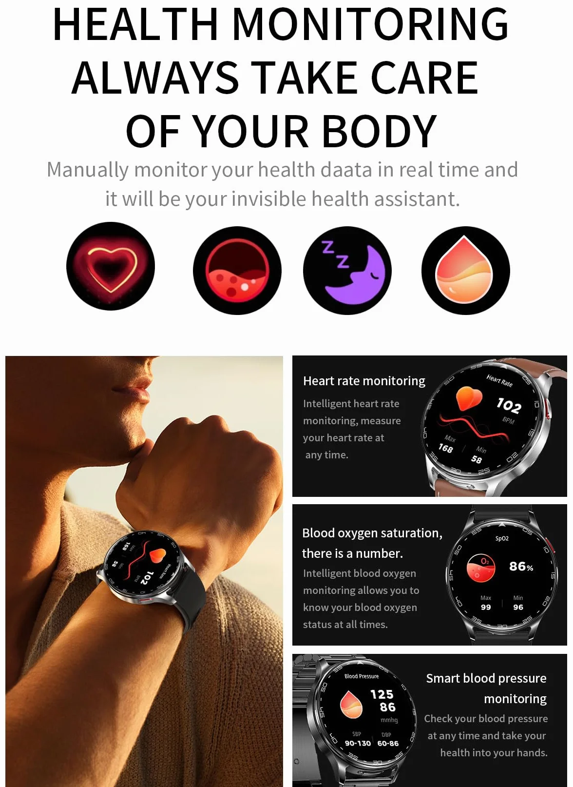 Zephyrion Inteligentny zegarek ze słuchawkami dousznymi do systemu Android iOS, okrągły zegarek sportowy ze słuchawkami Bluetooth, przypomnieniami o wiadomościach, monitorem snu z tlenem we krwi