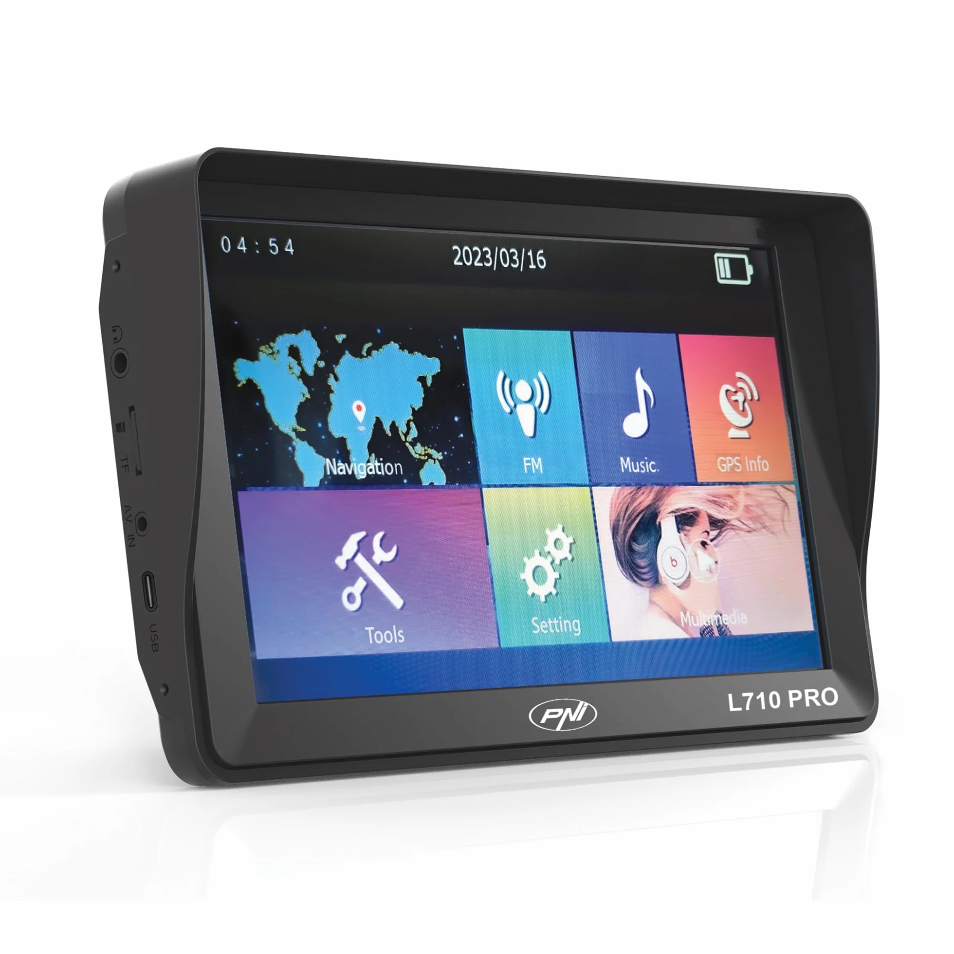 System nawigacji GPS PNI L710 PRO z osłoną przeciwsłoneczną, 7 cali, 800 MHz, 256 MB DDR, 16 GB pamięci wewnętrznej, nadajnik FM, w zestawie dwa zasilacze samochodowe