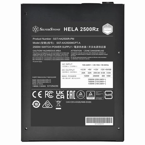Silverstone HELA 2500Rz, Cybenetics Platinum całkowicie modułowy zasilacz ATX, 2500 W, ATX 3.1 i PCIe 5, SST-HA2500R-PM