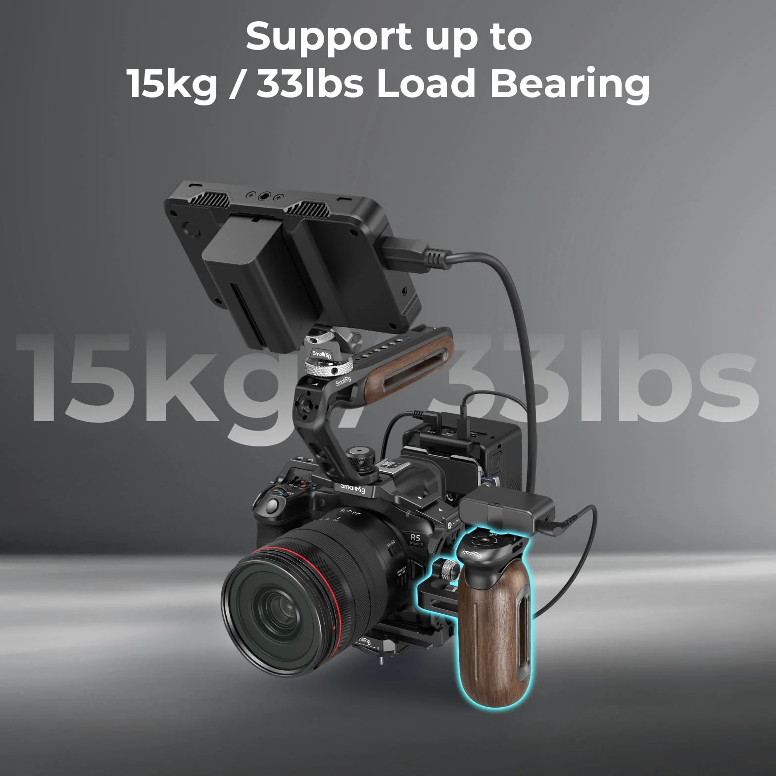 SMALLRIG Drewniany uchwyt boczny do klatek kamerowych z otworami gwintowanymi 1/4"-20, ergonomiczny uchwyt po lewej lub prawej stronie, regulacja pionowa 28 mm / 1,1 cala, udźwig 15 kg / 33,1-5237