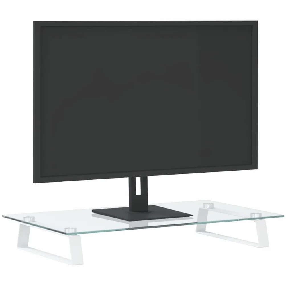 Stojak na monitor, biały, z hartowanego szkła i metalu, 60 x 35 x 8 cm, do stojaka na ekran, uchwyt na notebooka, miejsce pracy, biuro, domowe biuro, gry, ergonomiczna półka