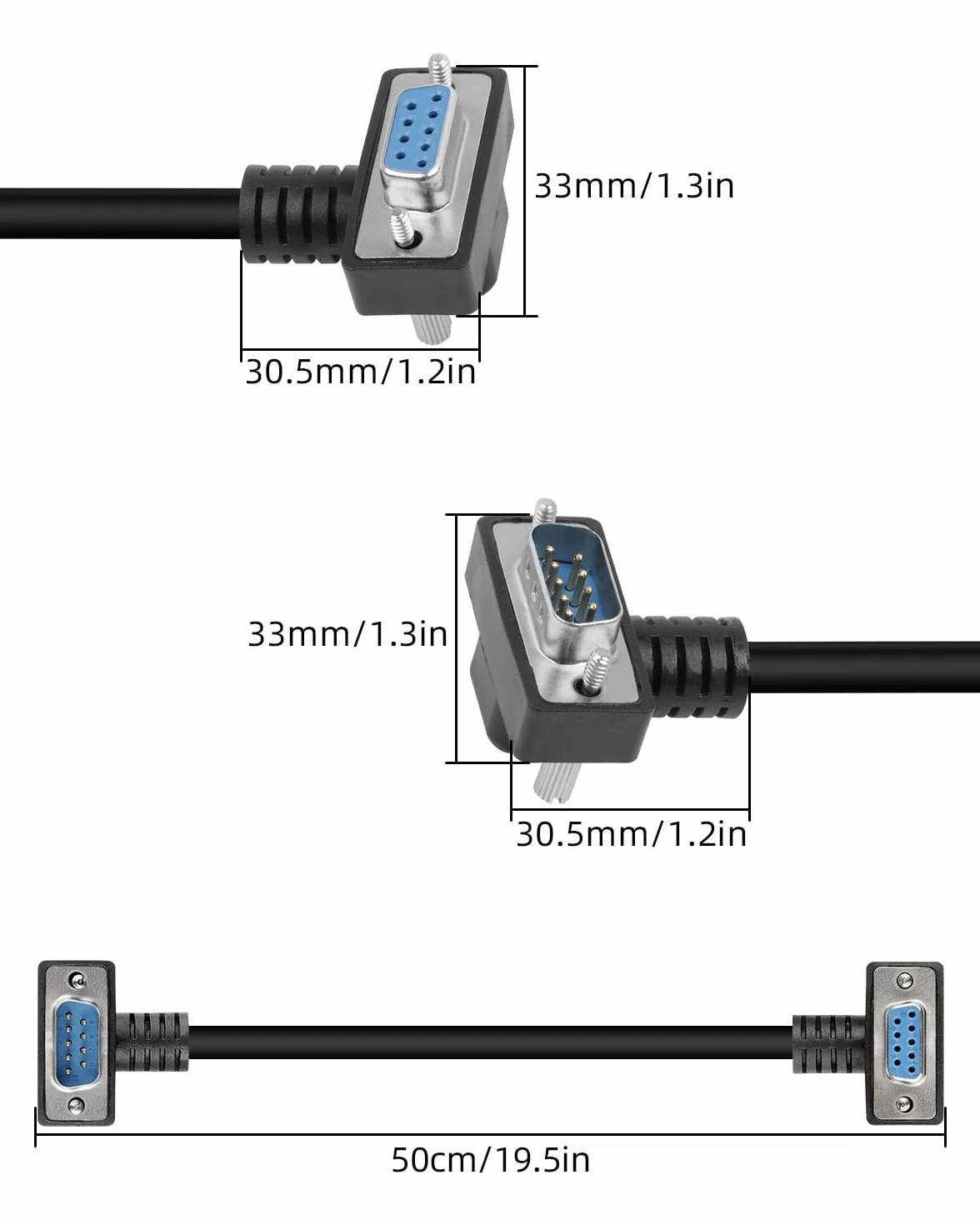 9-pinowy przedłużacz męski do żeńskiego DB9 90 stopni, kabel szeregowy RS232 do dostępu do danych (0,5 M)