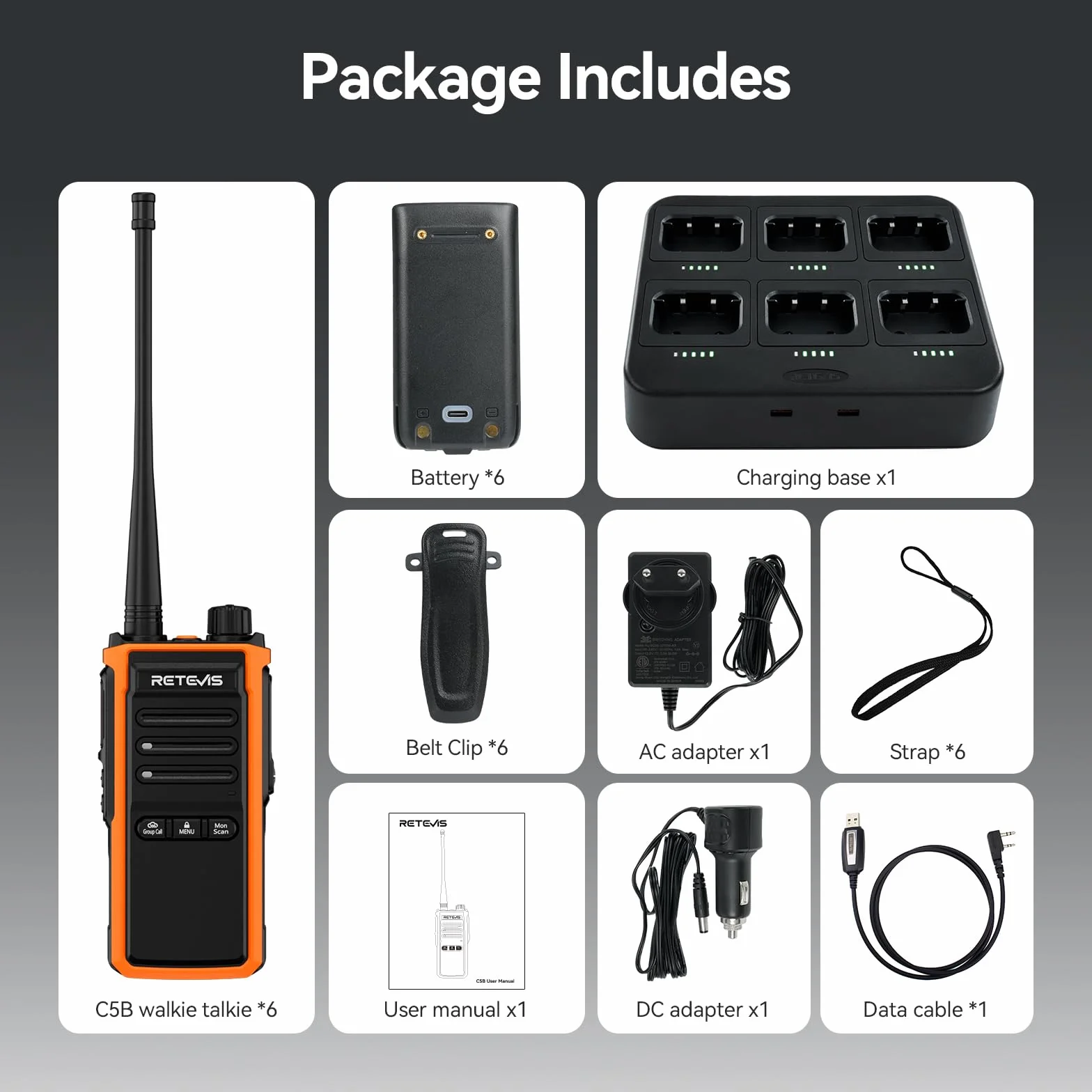 Retevis C65B Walkie Talkies Dalekiego Zasięgu, Wodoodporny Radiotelefon Dwukierunkowy IP67, z 6-Kierunkową ładowarką, Ręczny Radiotelefon Dwukierunkowy dla Szkół Budowlanych (6 Sztuk)