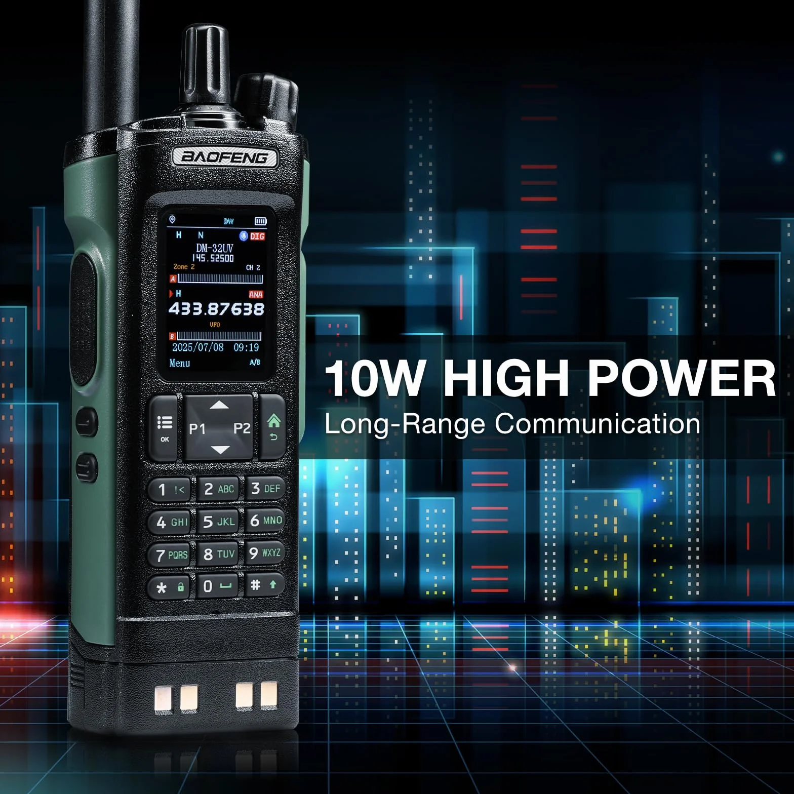 BAOFENG DM-32UV 10W DMR radio, UHF/VHF/AM/FM z GPS i cyfrowym APRS, podwójne gniazdo Tier II, kolorowy wyświetlacz 2", 4000 kanałów, styki 50 K, uchwyt na walizkę, zielony