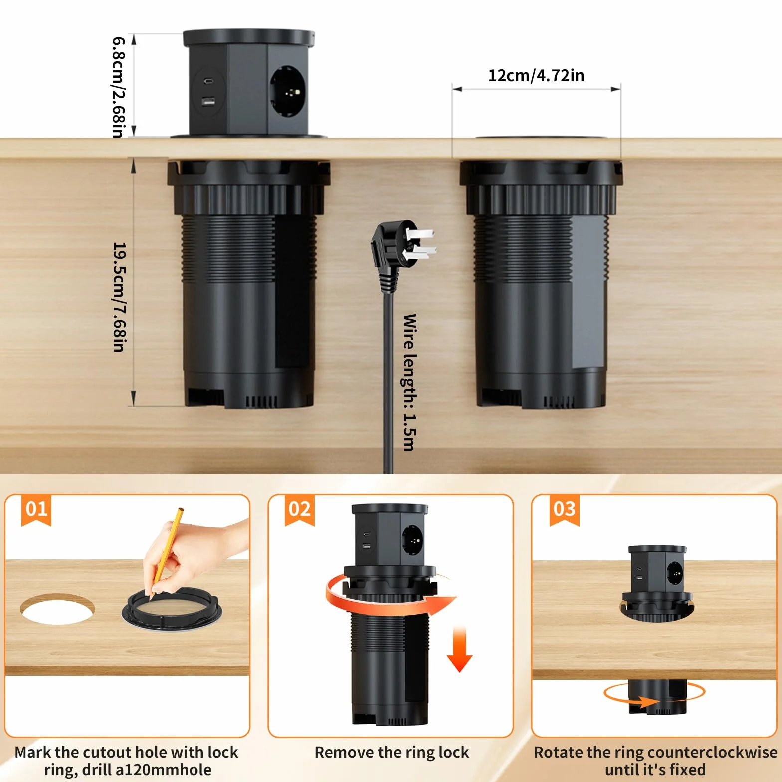 3-krotne wpuszczane gniazdko, z bezprzewodową ładowarką 15 W, 1 USB C, 1 USB-A, wpuszczane gniazdko kuchenne, kabel 1,5 m, do biura, kuchni, sypialni, średnica 120 mm