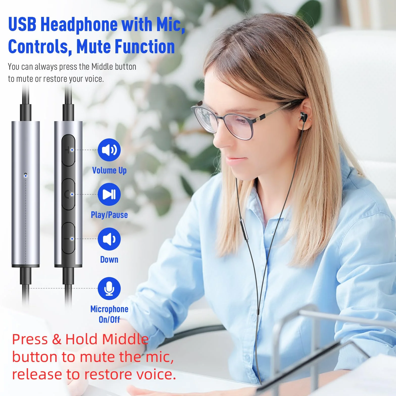 Słuchawki USB do komputera, laptopa, magnetyczne, przewodowe, 2,3 m, zestaw słuchawkowy do komputera z mikrofonem, wyciszenie, izolacja szumów, przewód w uchu, słuchawki gamingowe do MacBooka