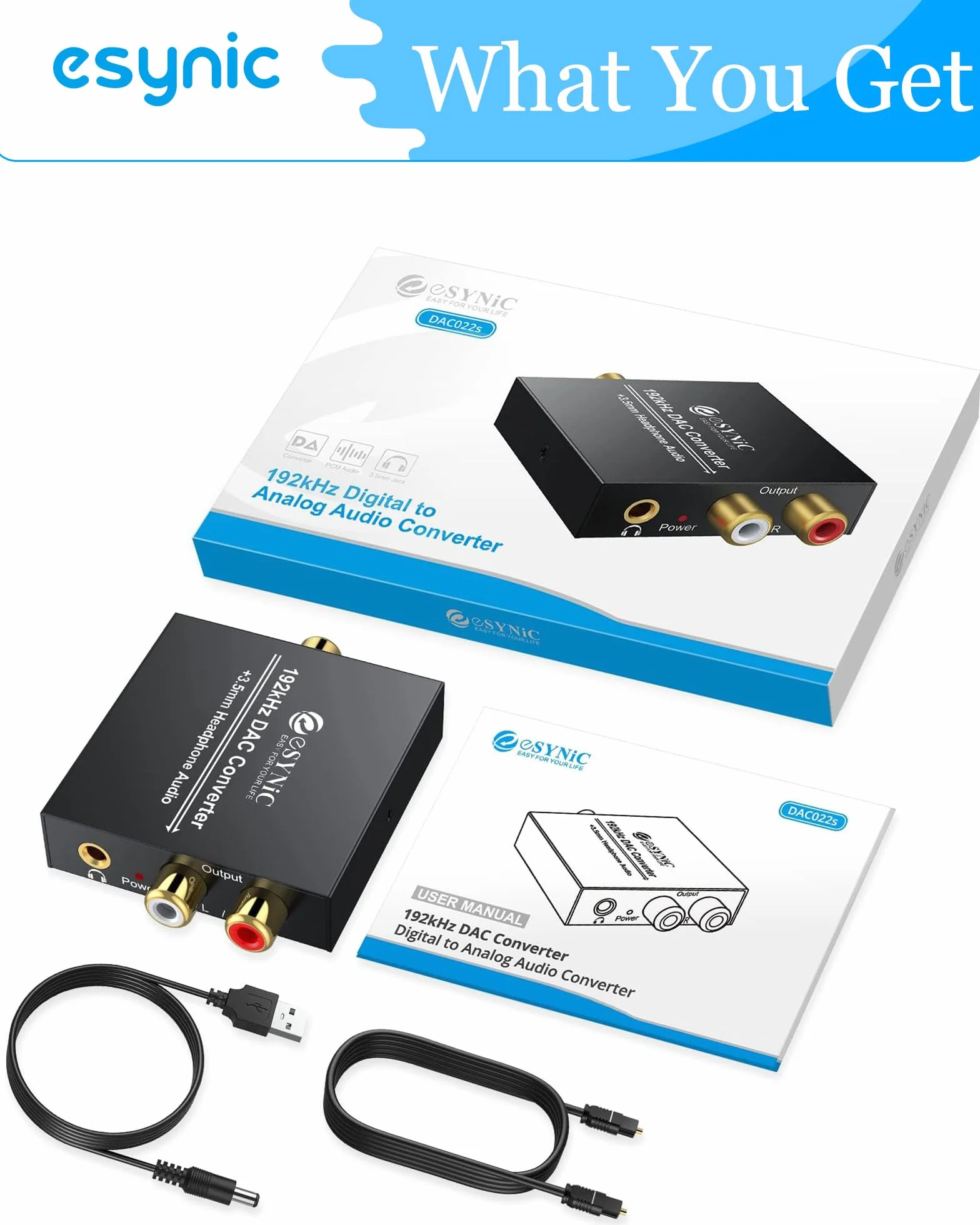 eSynic DAC konwerter cyfrowy na analogowy adapter audio RCA L/R wyjście 3,5 mm stereo z kablem optycznym do słuchawek PS3 Xbox 360 HDTV niebieski RAY DVD Sky HD Apple TV