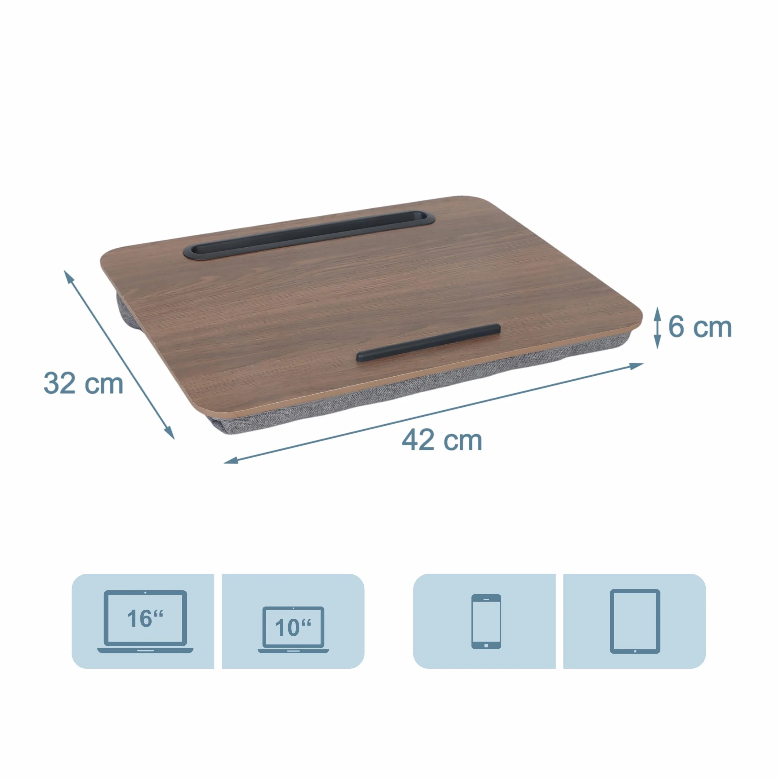 Relaxdays Poduszka na laptopa z uchwytem na telefon komórkowy, szer. x gł.: 42 x 32 cm, podkładka pod laptopa na łóżko i sofę, taca na kolana, brązowa/szara