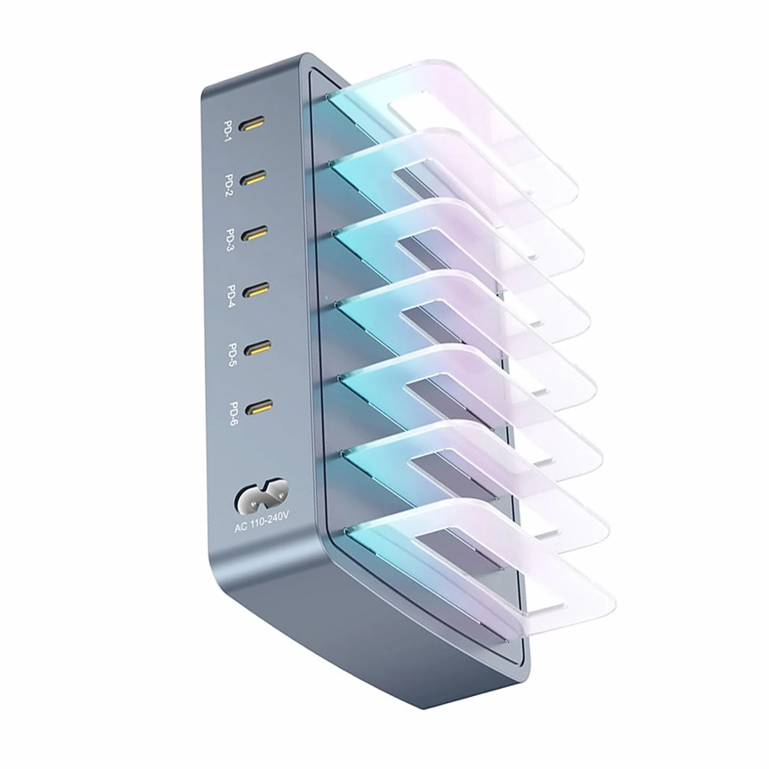 Wakects 6-portowa Stacja ładująca Przenośne ładowarki Biurkowe z mocą wyjściową PD 120 W 6 PortóW USB C, Każdy o Mocy 20 W Światło Oddechowe RGB Odłączane Gniazda na Biurko W Podróży Biurowej