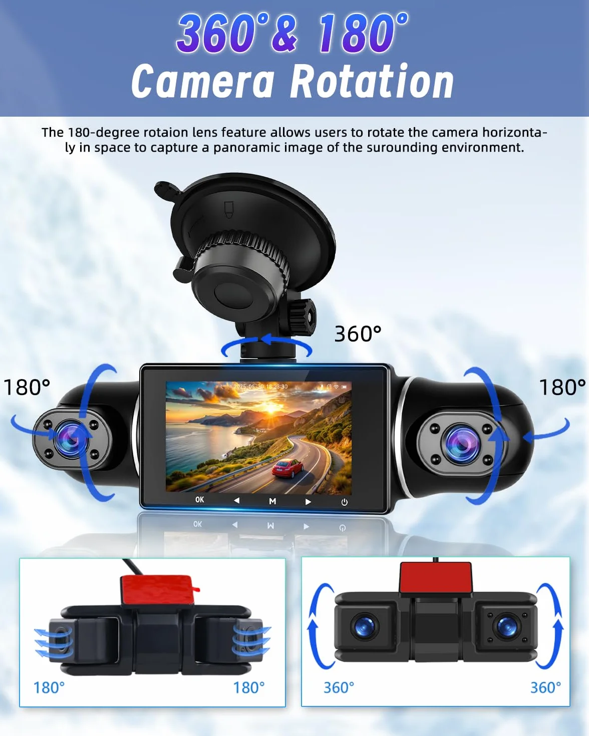 NHOPEEW 1080P 5-kanałowa kamera na deskę rozdzielczą 360° – kamera na deskę rozdzielczą z dwoma kamerami cofania, soczewkami wewnętrznymi i przednimi – nagrywanie w pętli czujnika G, widoczność w nocy
