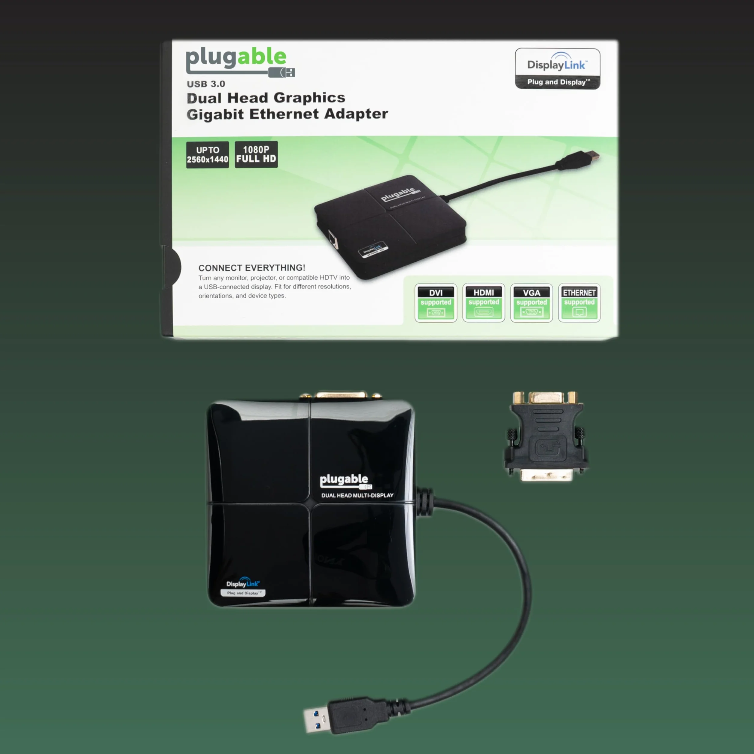Plugable USB 3.0 podwójna karta graficzna (DVI/VGA Plus HDMI) i adapter Gigabit Ethernet (DL3900) do Windows 10, 8.1, 8, 7 i XP