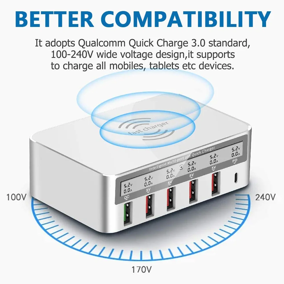 Bezprzewodowa ładowarka wiele USB stacja ładująca 100 W szybkie ładowanie 6-portowa stacja ładująca biurkowa Hub z szybkim ładowaniem 3.0 port USB 18 W PD kompatybilny z iPhone iPad Samsung, biały